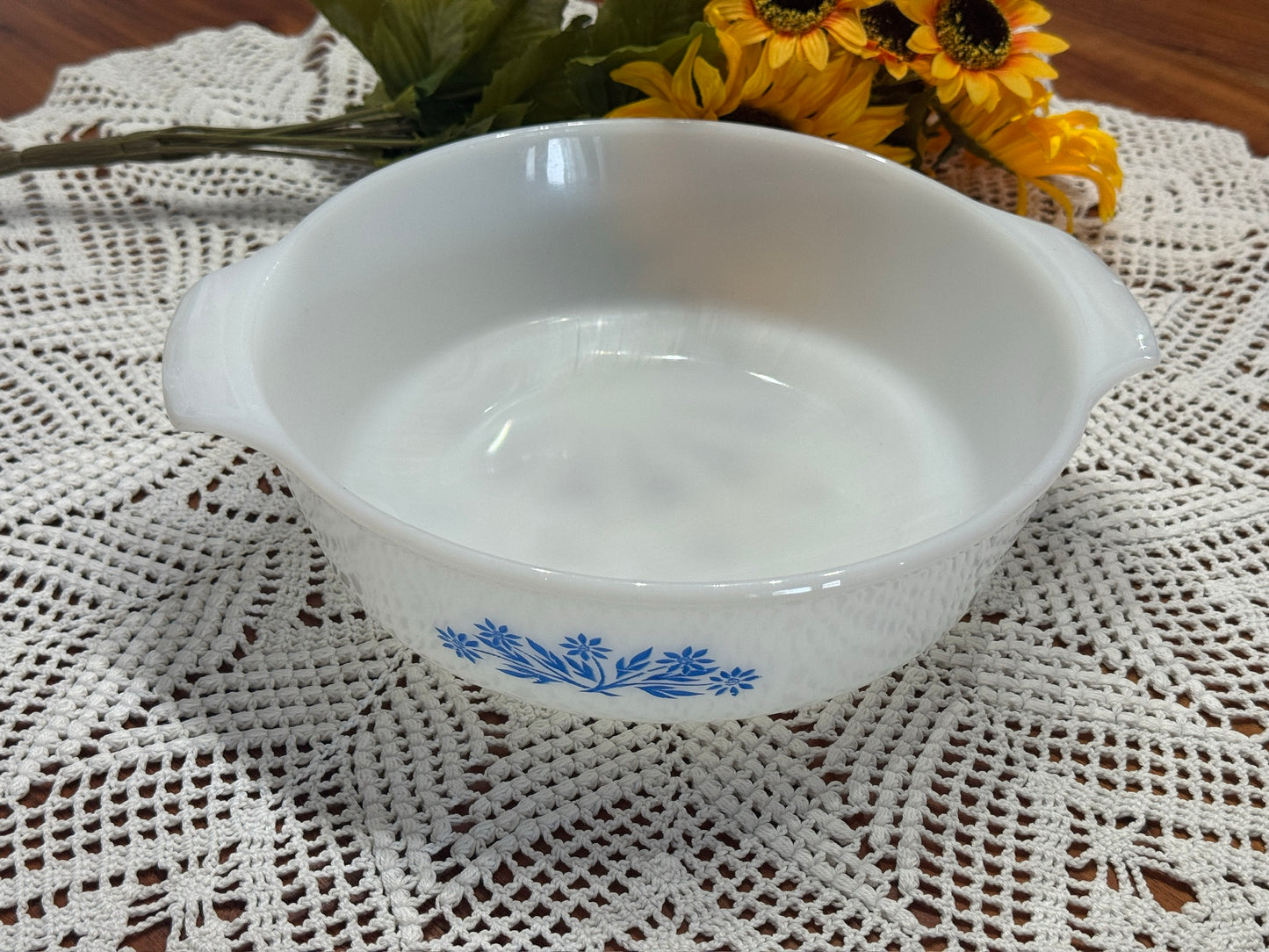 Fire-King Blue Cornflower Milk Glass Round Casserole Dish