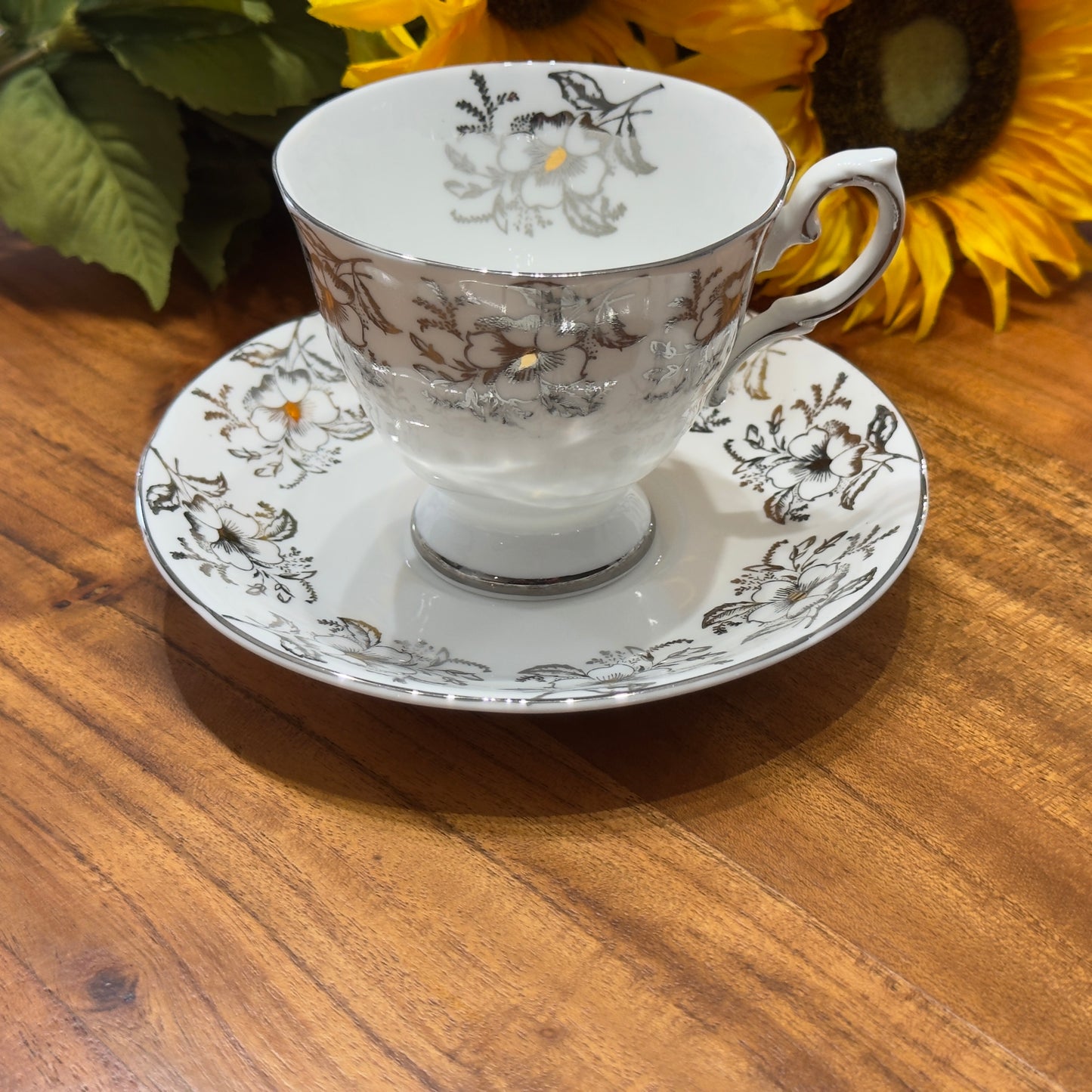 Royal Grafton Silver & Gold Floral Teacup & Saucer Set