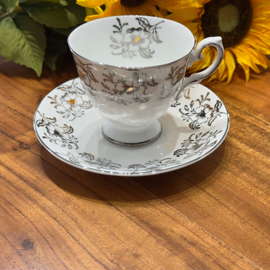 Royal Grafton Silver & Gold Floral Teacup & Saucer Set