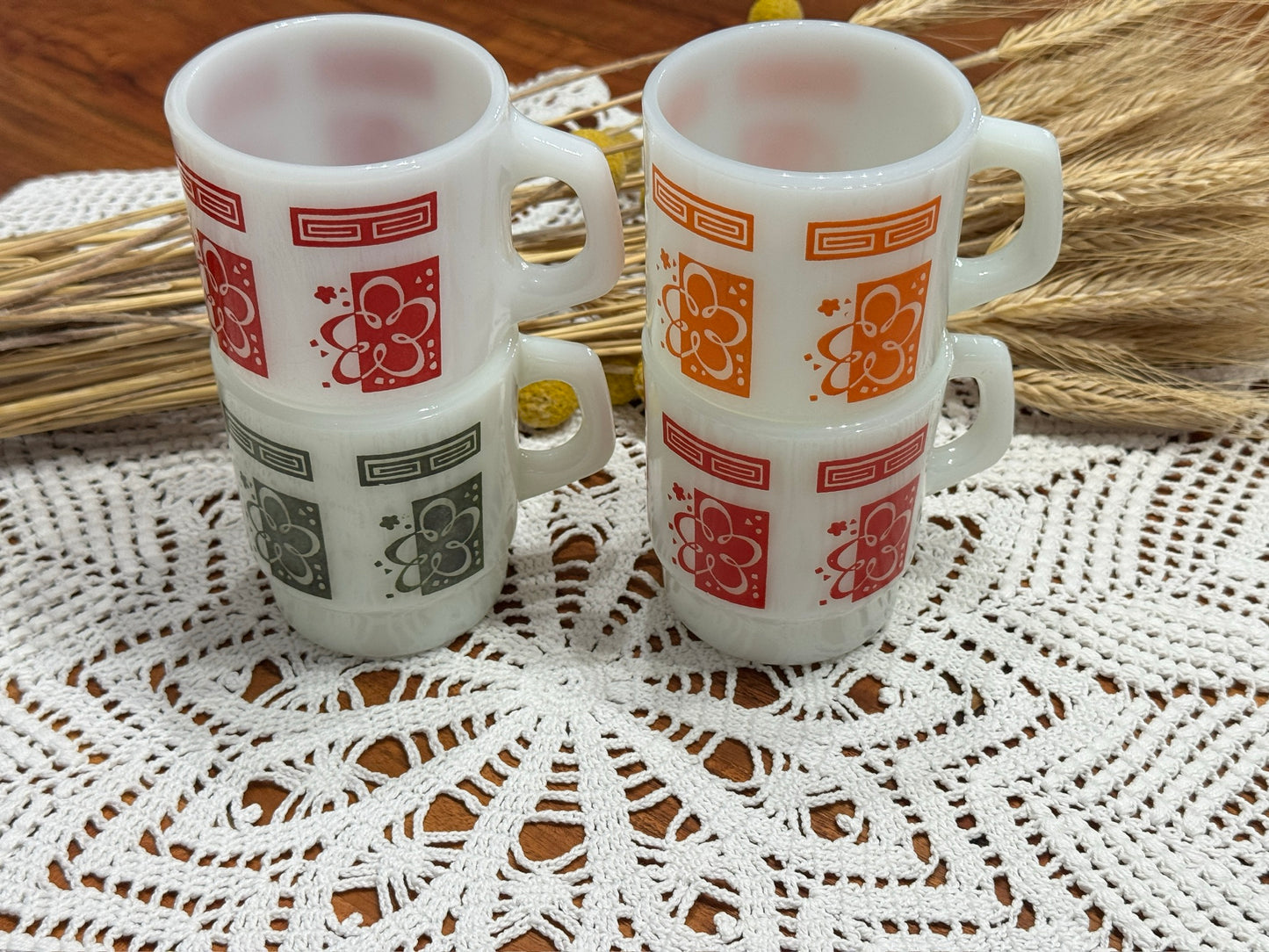 Anchor Hocking Fire-King Stackable Atomic Cloud/Flower Milk Glass Mugs