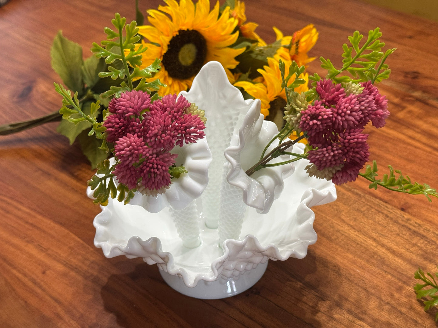 Fenton Hobnail Milk Glass Epergne Ruffled Bowl with Three Horns