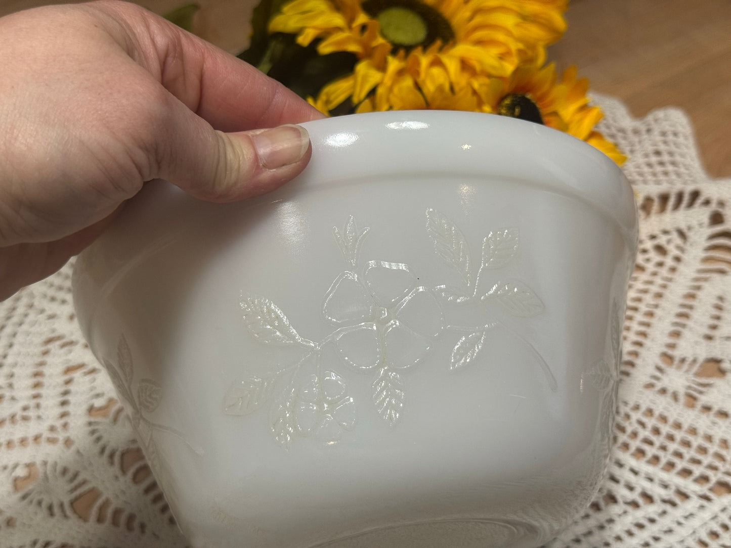 Glasbake Milk Glass Floral Design Mixing Bowl