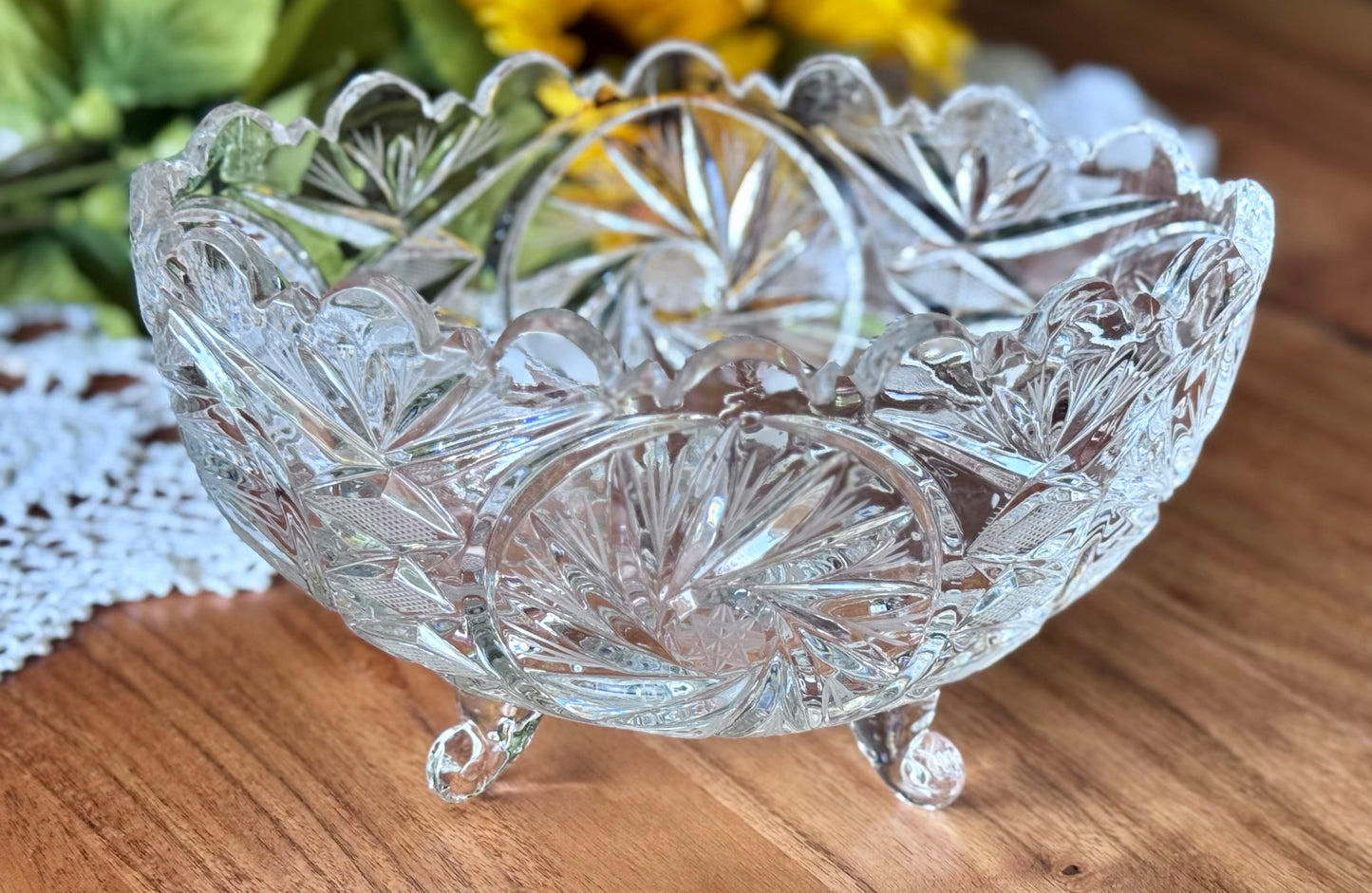 Hand Cut Footed Oval Pinwheel Lead Crystal Bowl