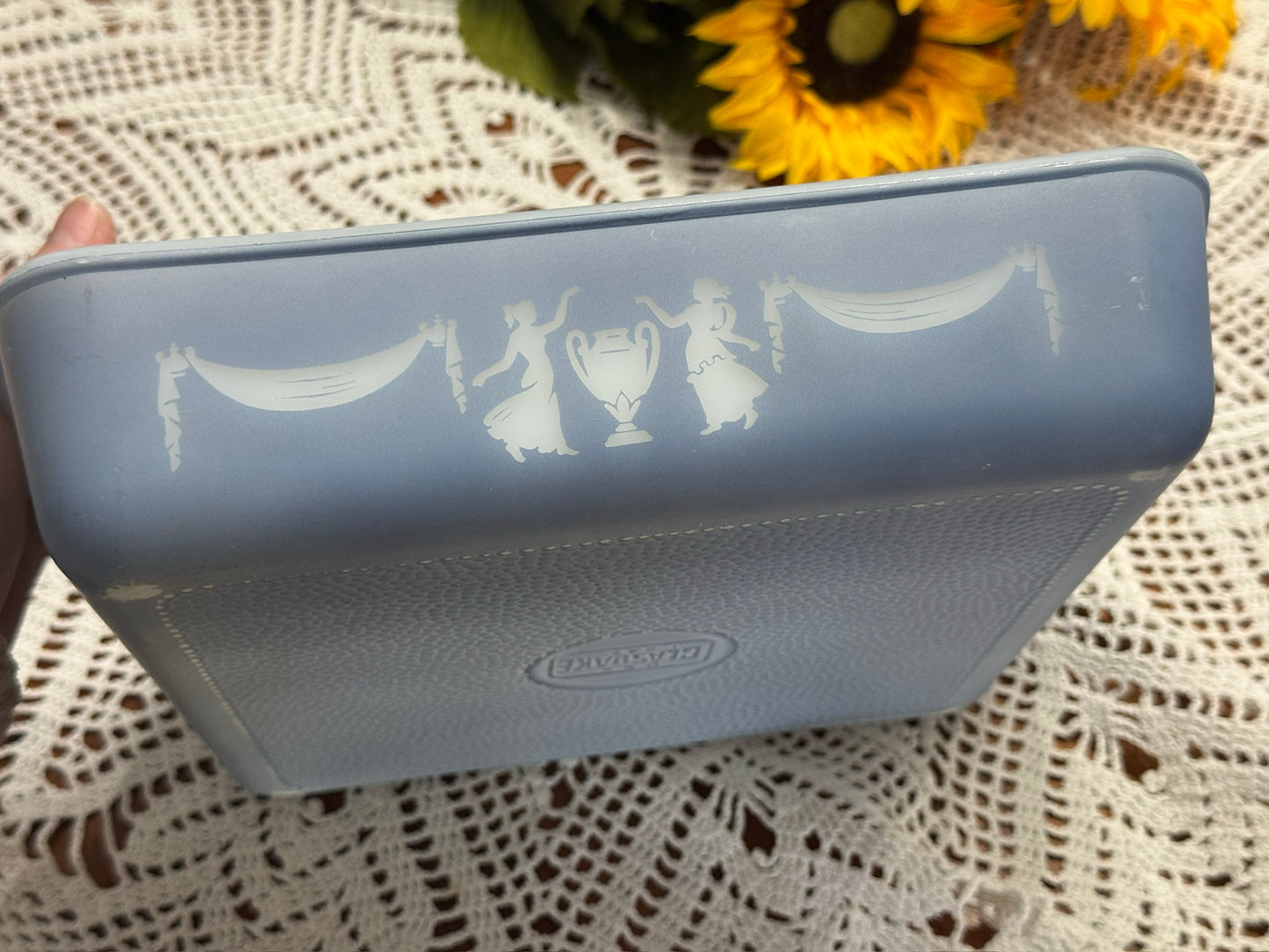 Grecian or Cameo Blue Glasbake Casserole Dish with Holder