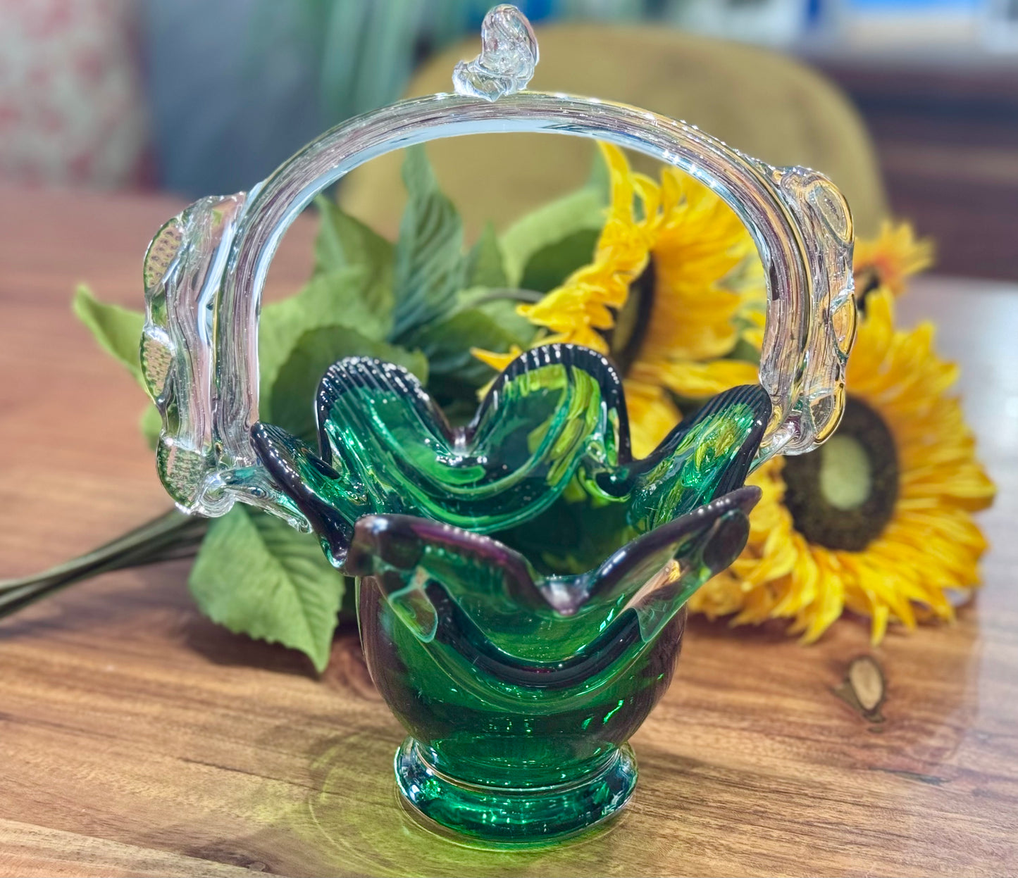 Murano Green Glass Basket Vase