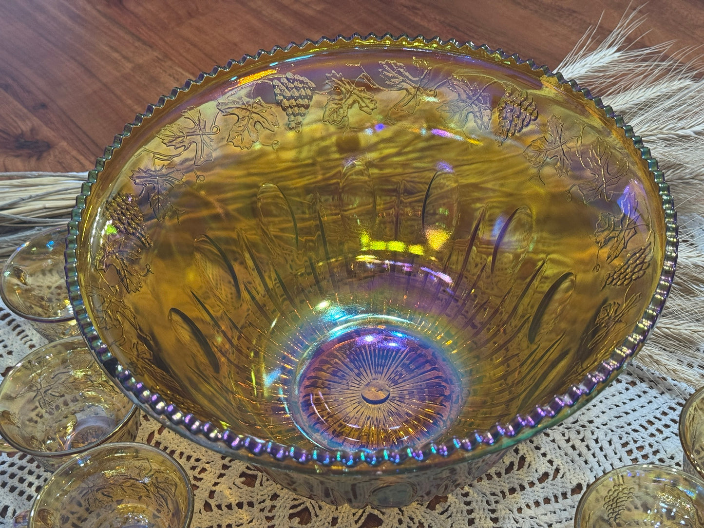 Marigold Indiana Carnival Glass Punch Bowl Set