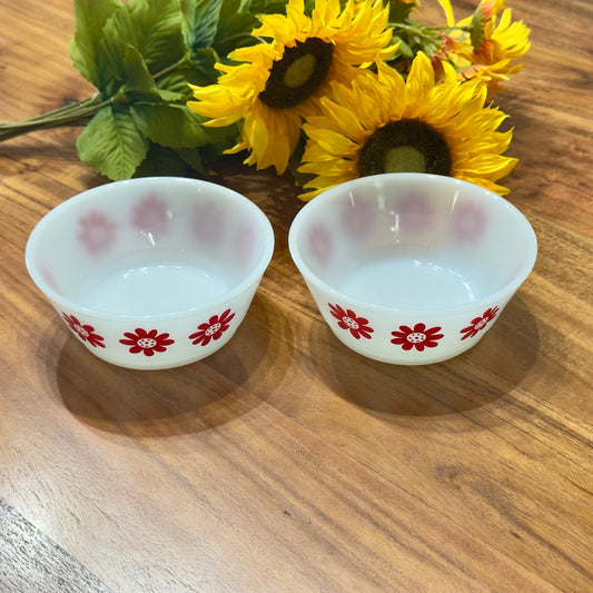 Anchor Hocking Red Daisy Milk Glass Cereal Bowls