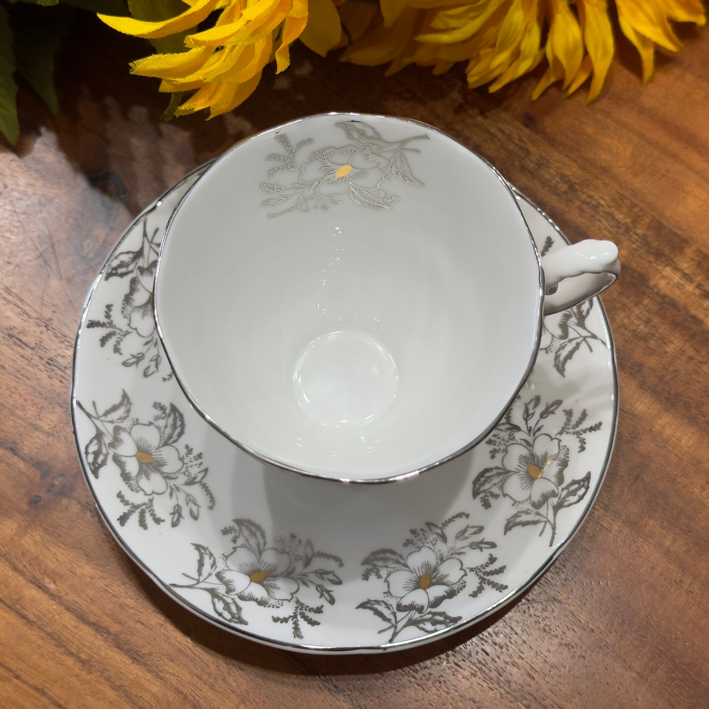 Royal Grafton Silver & Gold Floral Teacup & Saucer Set
