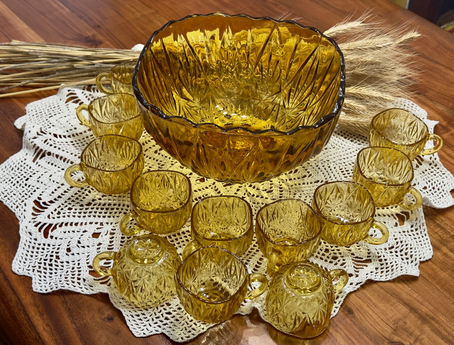 Hazel Atlas Amber Glass Williamsport Punch Bowl Set