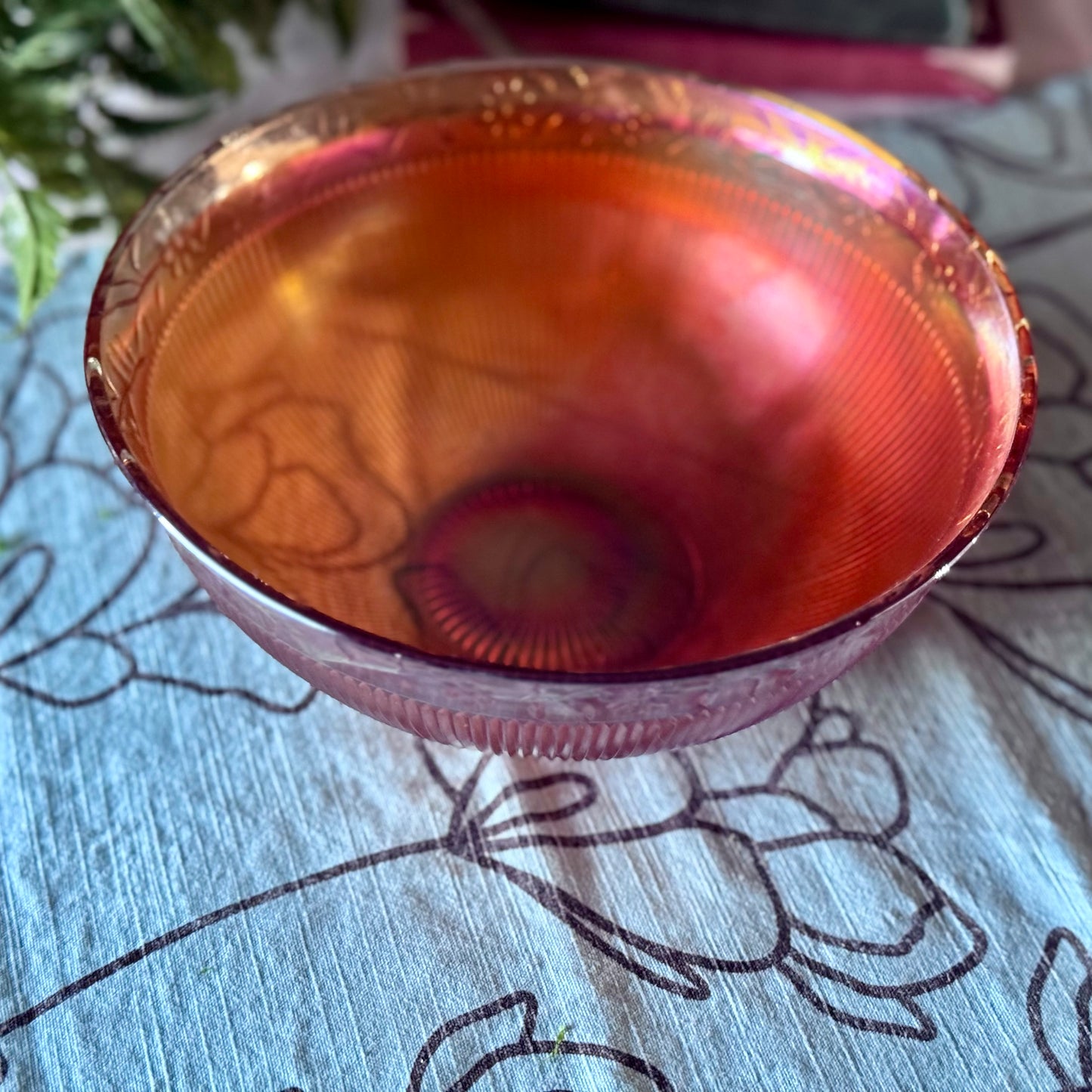 Carnival Glass Marigold/Orange Floral and Ribbed Bowl