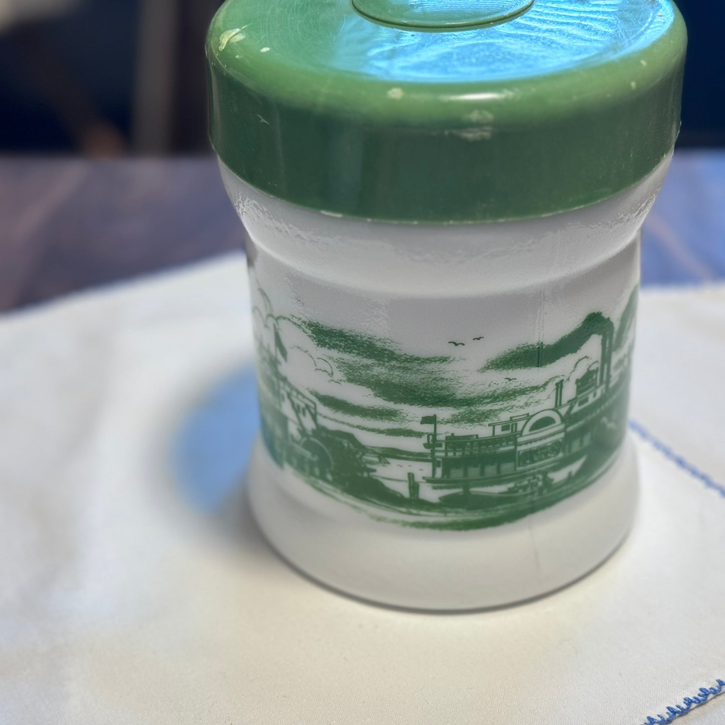 Milk Glass River Boat Canister/Jar