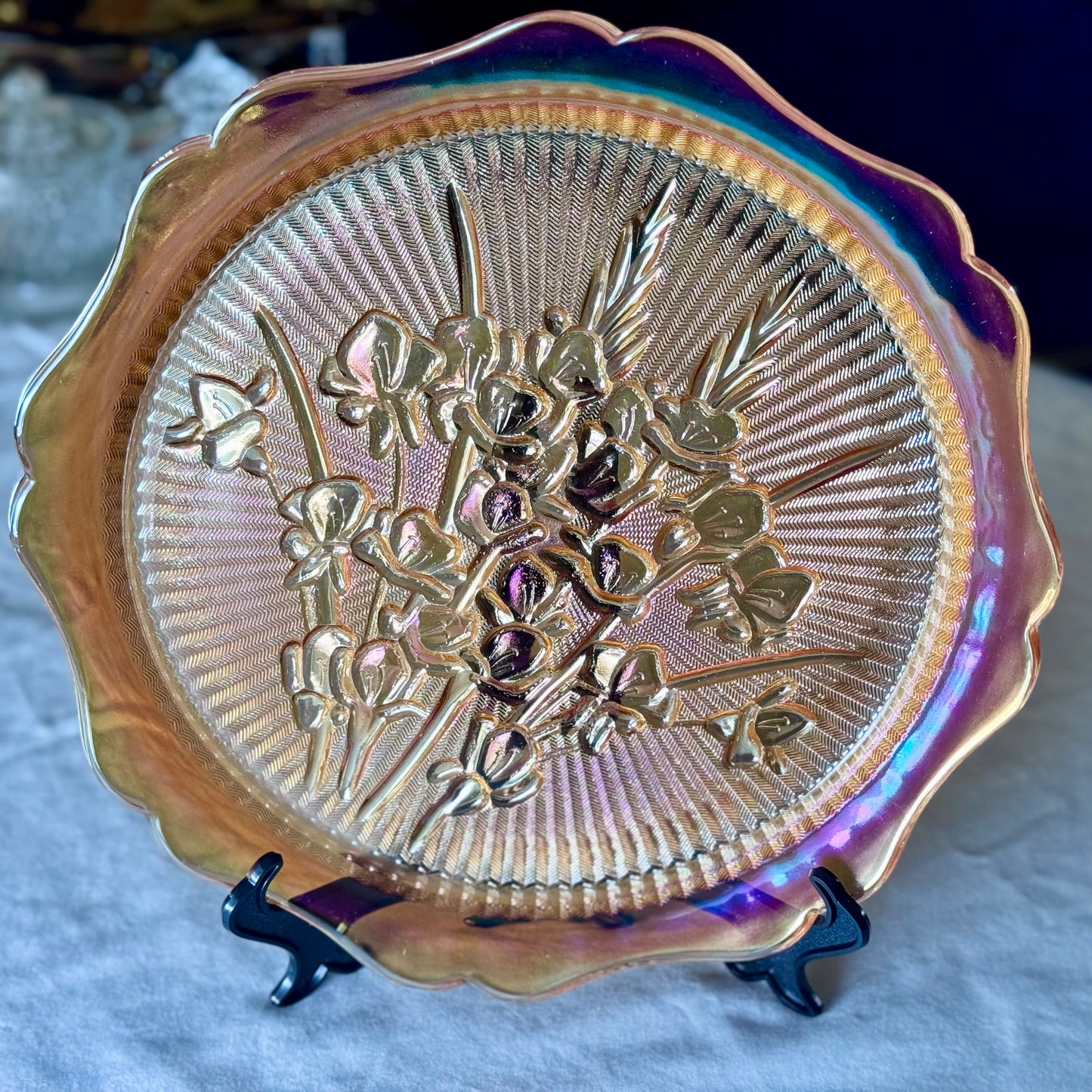 Jeanette Marigold Carnival Glass Cake Plate