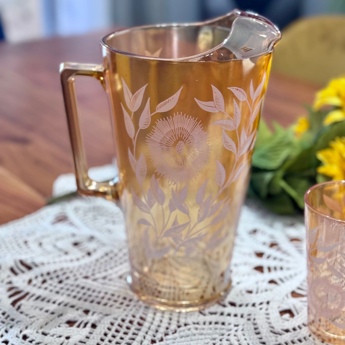 Jeannette Marigold Carnival Glass Pitcher & Glasses