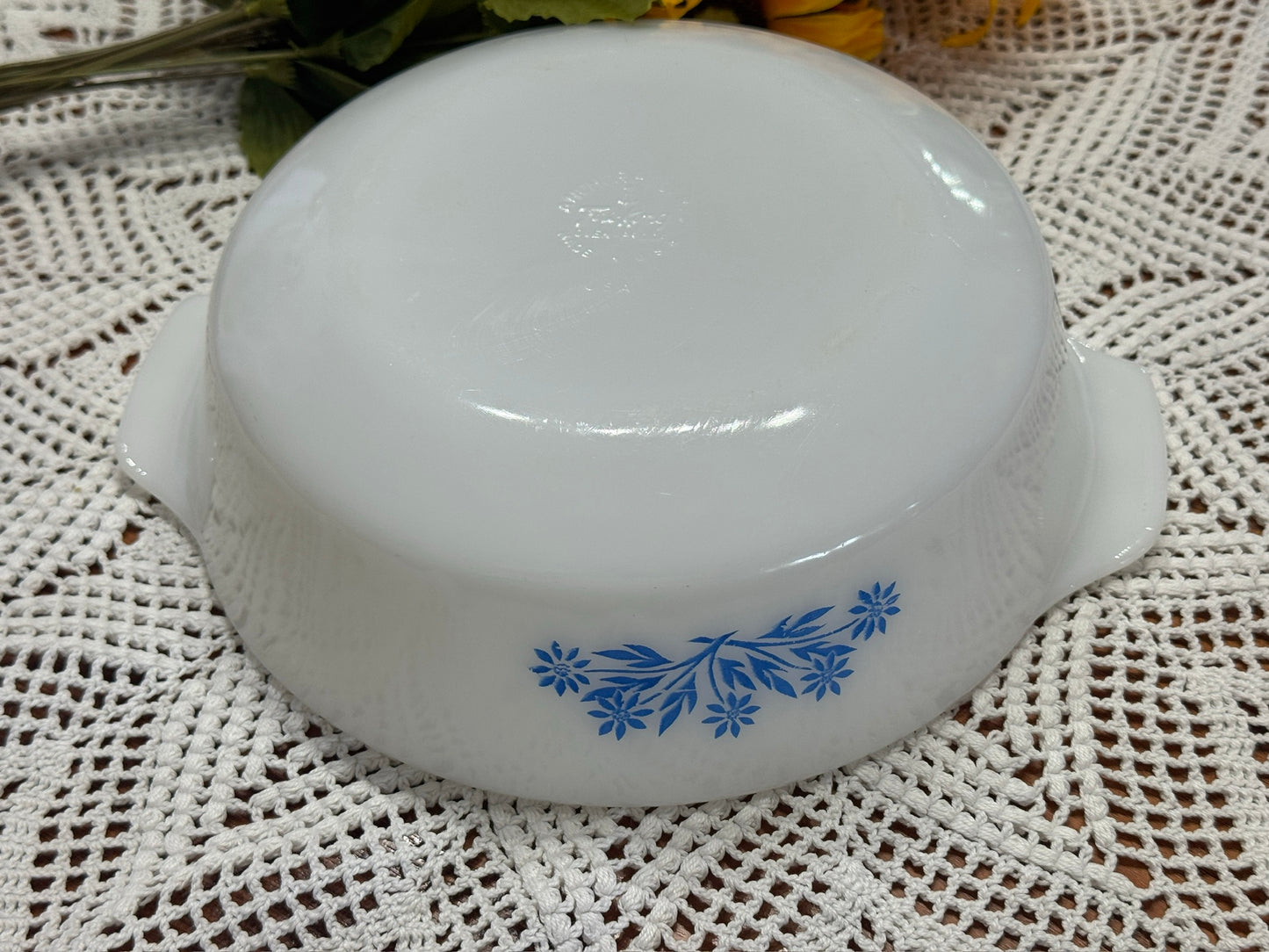 Fire-King Blue Cornflower Milk Glass Round Casserole Dish