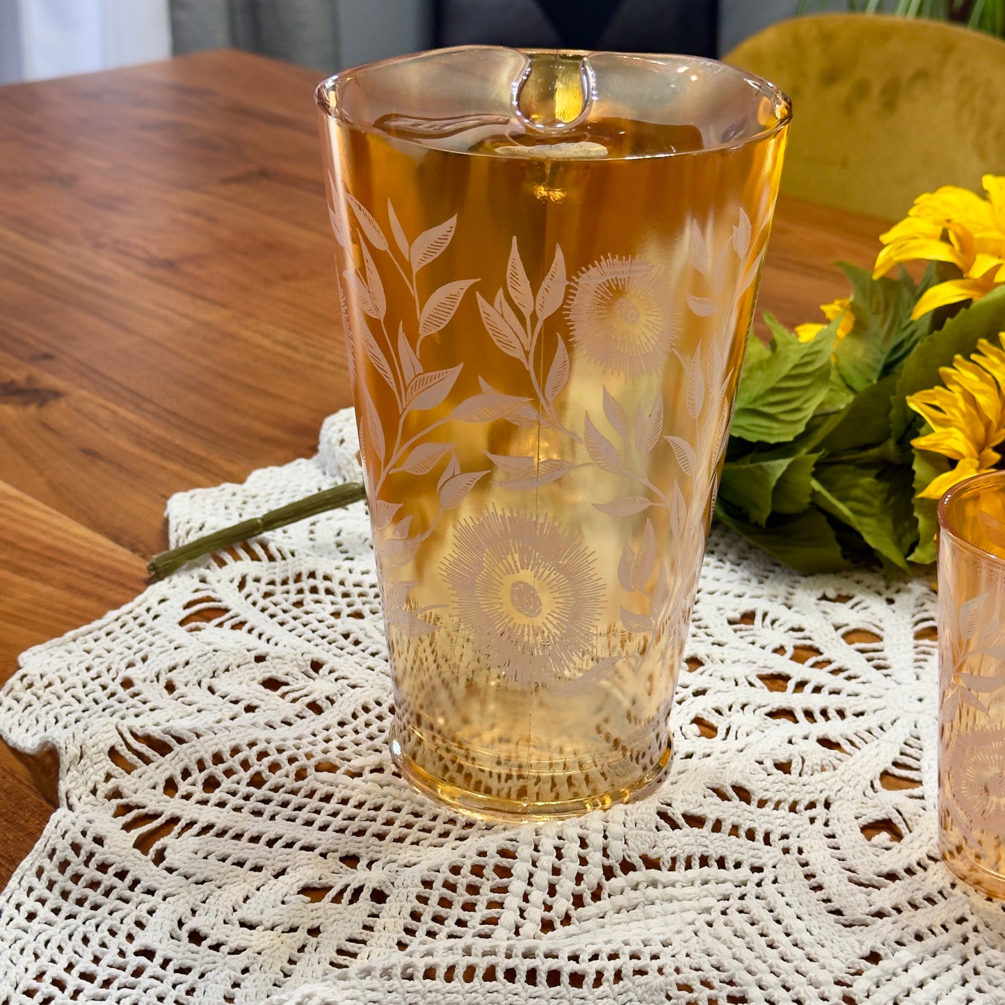 Jeannette Marigold Carnival Glass Pitcher & Glasses
