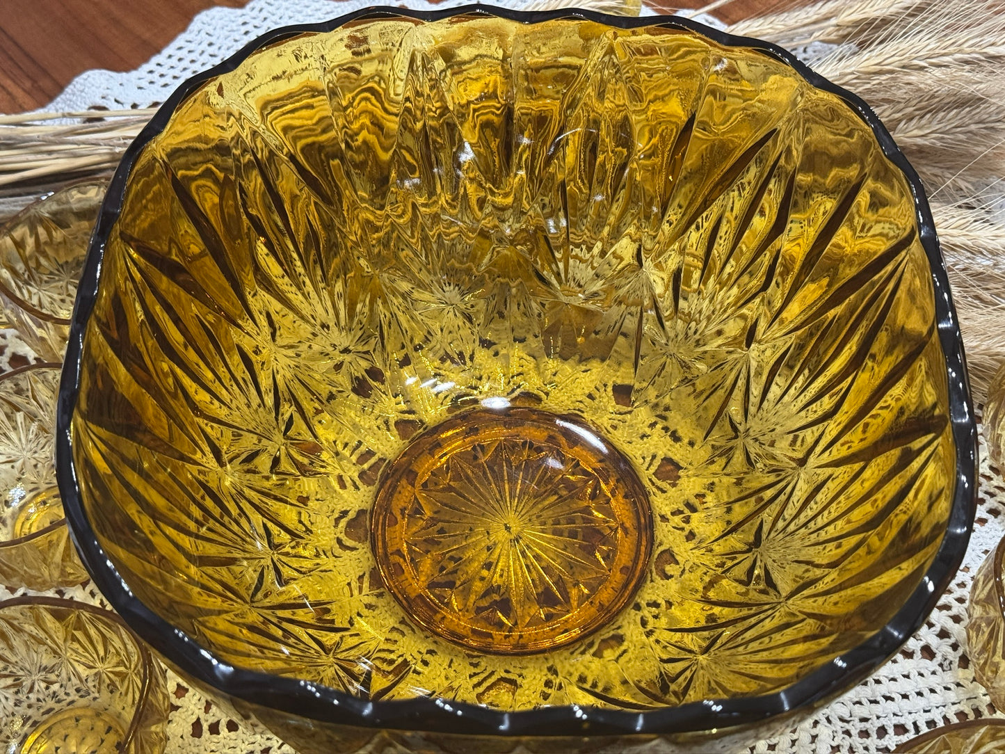 Hazel Atlas Amber Glass Williamsport Punch Bowl Set