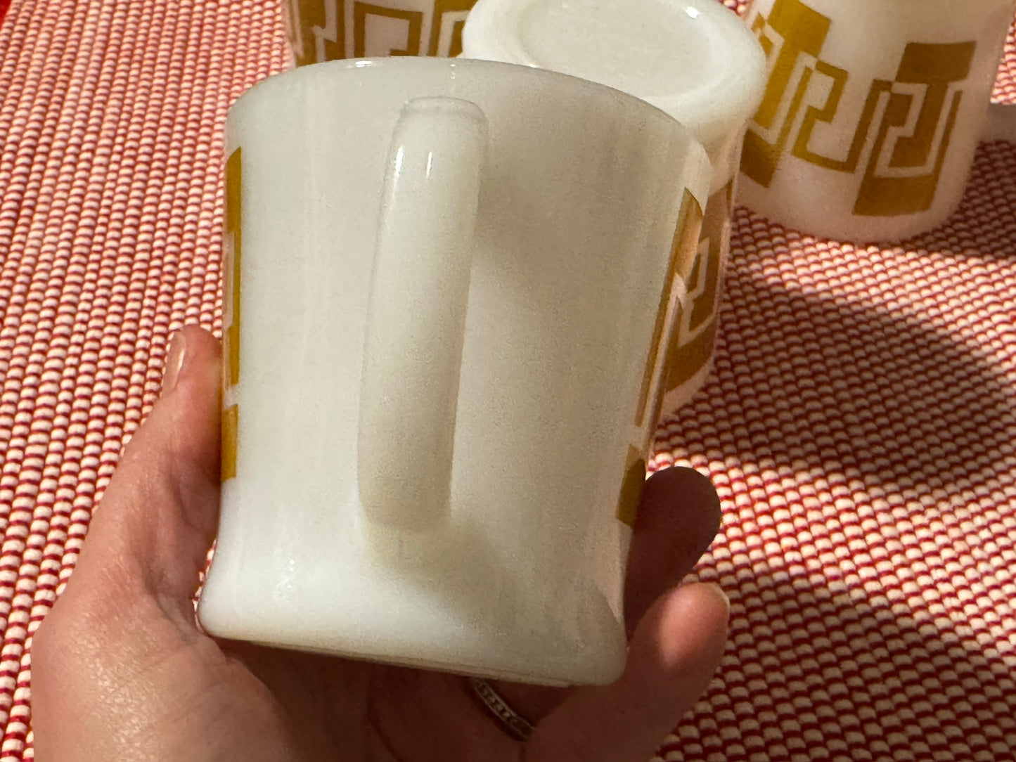 Anchor Hocking Fire-King Gold/Brown Greek Key Milk Glass Mugs