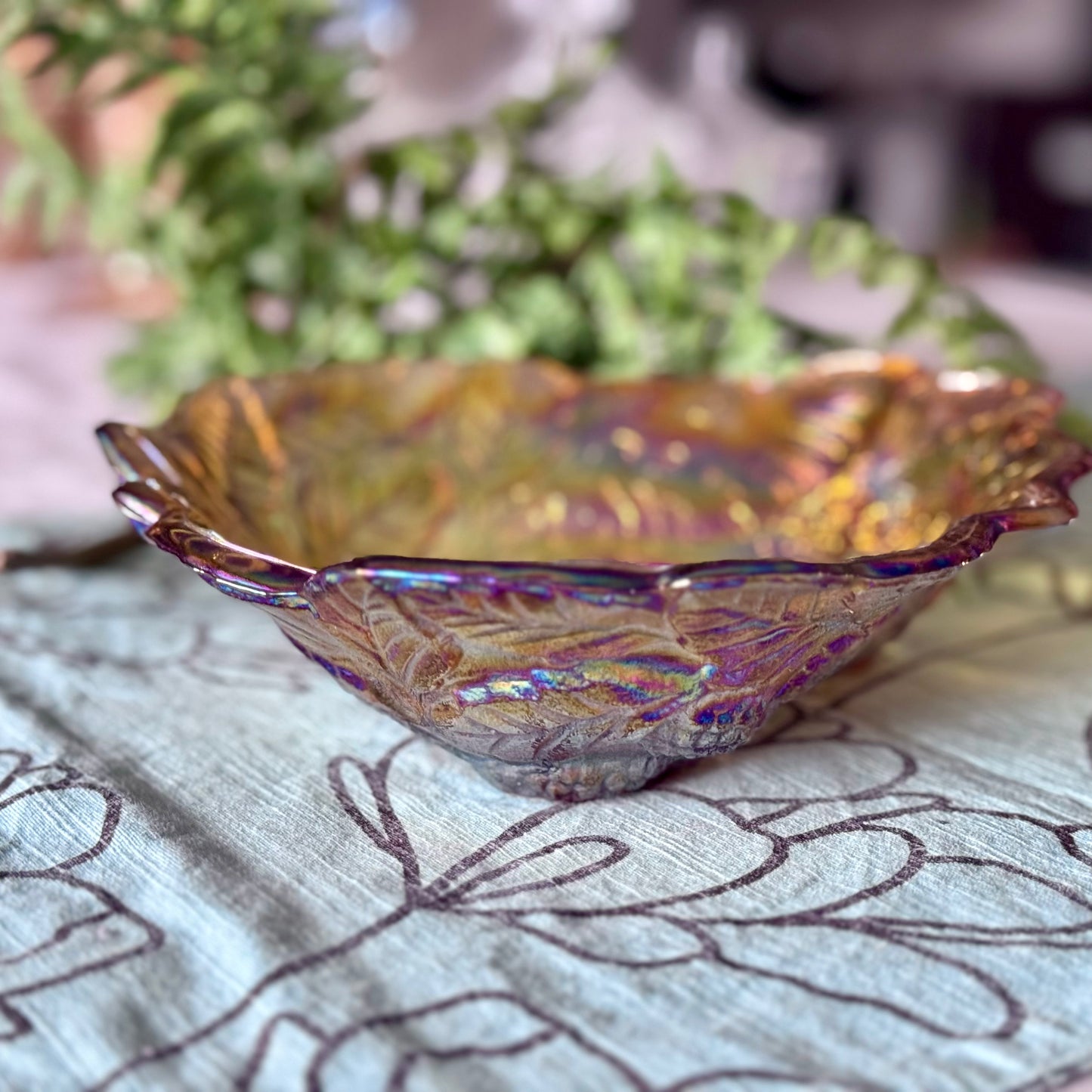 Indiana Glass Co Marigold Carnival Glass Triangular Loganberry Leaves Bowl