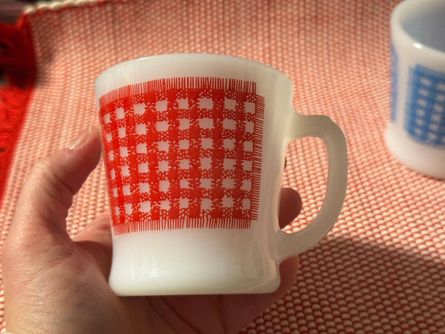 Anchor Hocking Fire-King Red/Blue Gingham Milk Glass Mugs