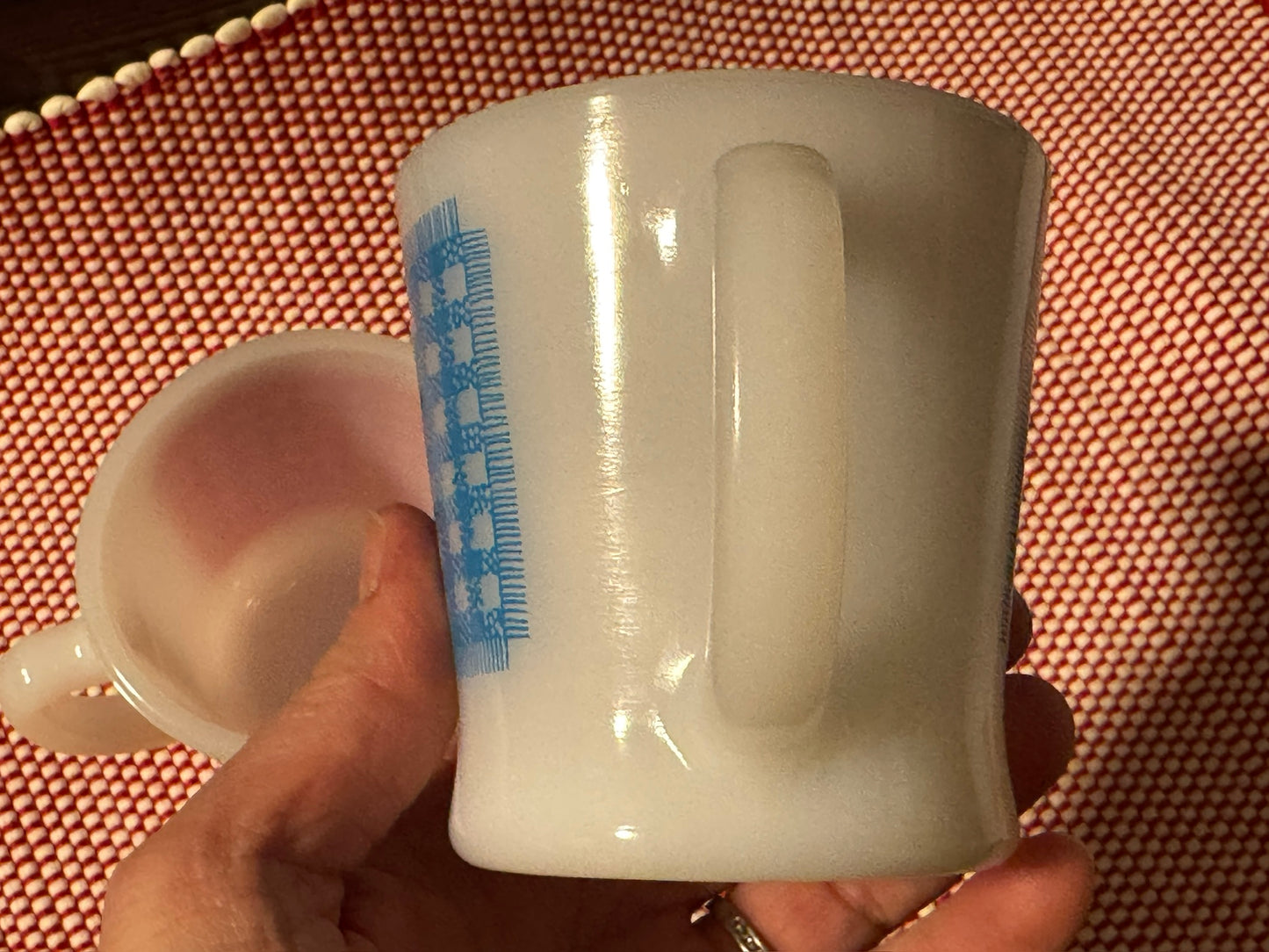 Anchor Hocking Fire-King Red/Blue Gingham Milk Glass Mugs