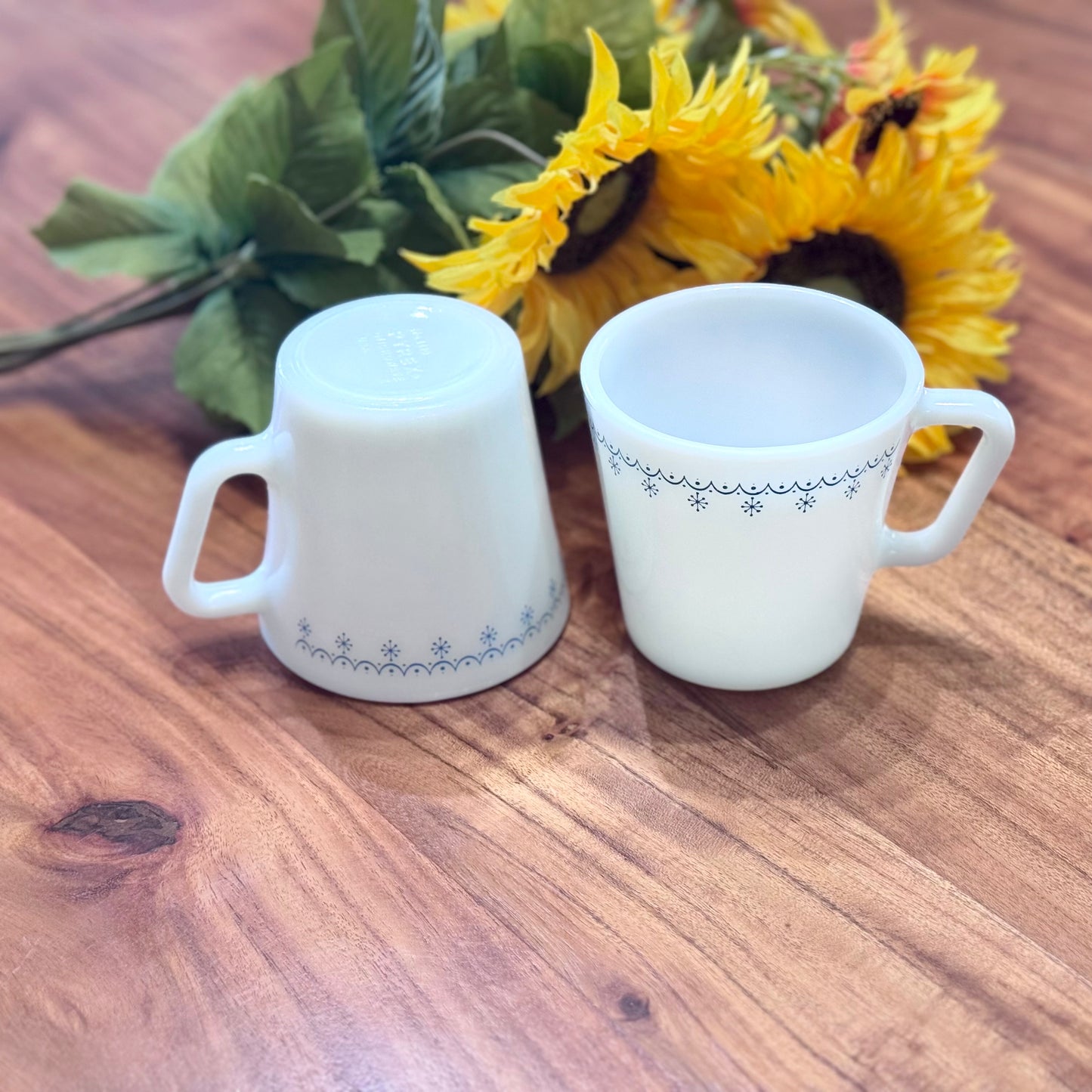 PYREX Blue Snowflake Garland Milk Glass Mugs