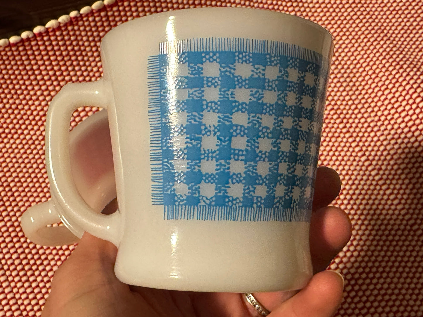 Anchor Hocking Fire-King Red/Blue Gingham Milk Glass Mugs