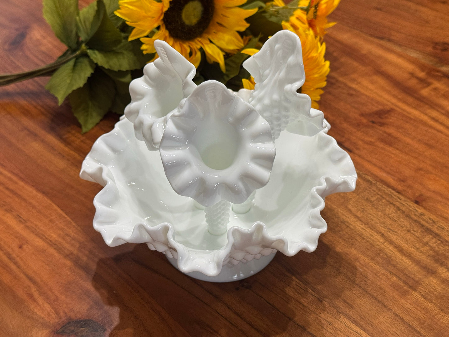 Fenton Hobnail Milk Glass Epergne Ruffled Bowl with Three Horns