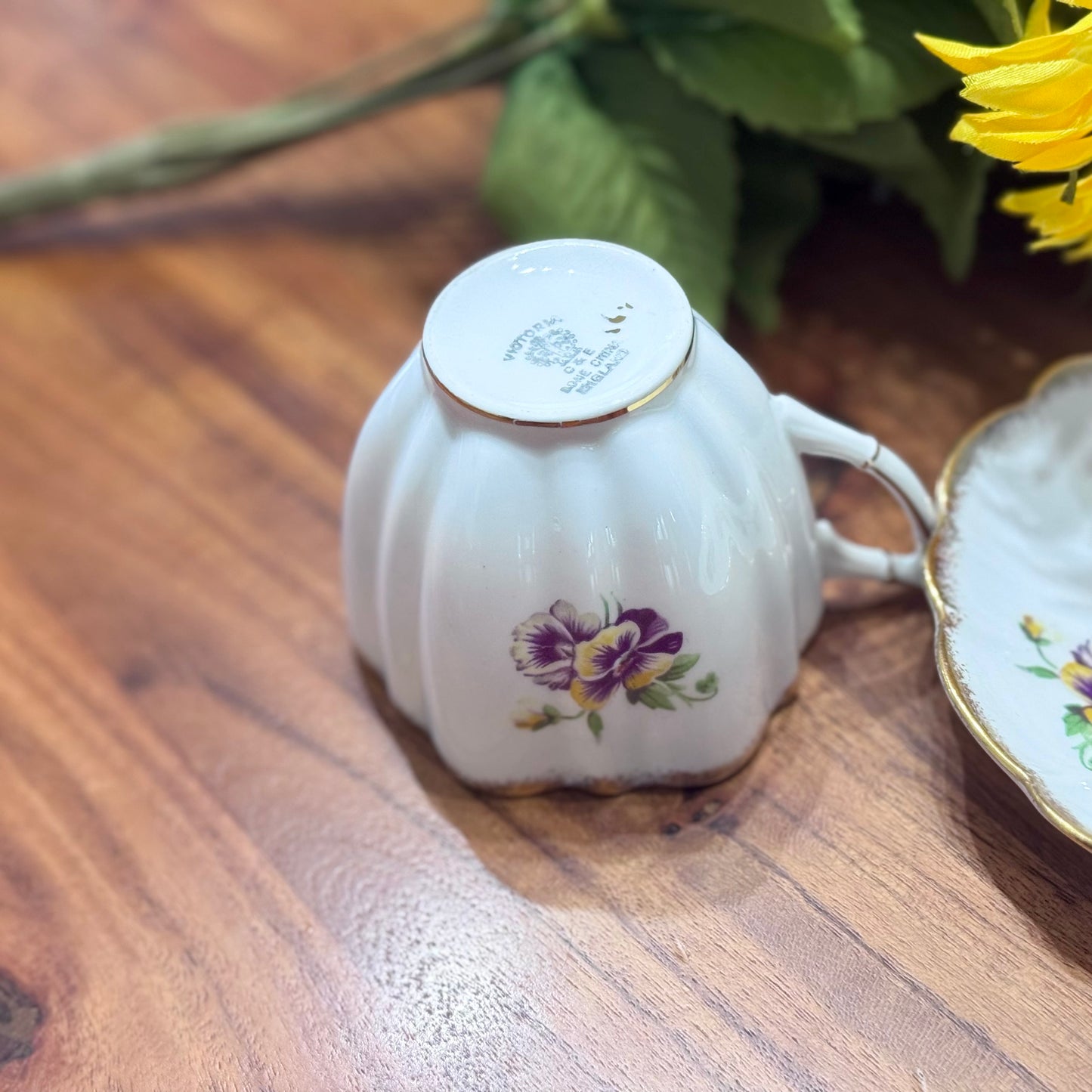 Victoria C & E Bone China Purple Pansy Teacup & Saucer Set