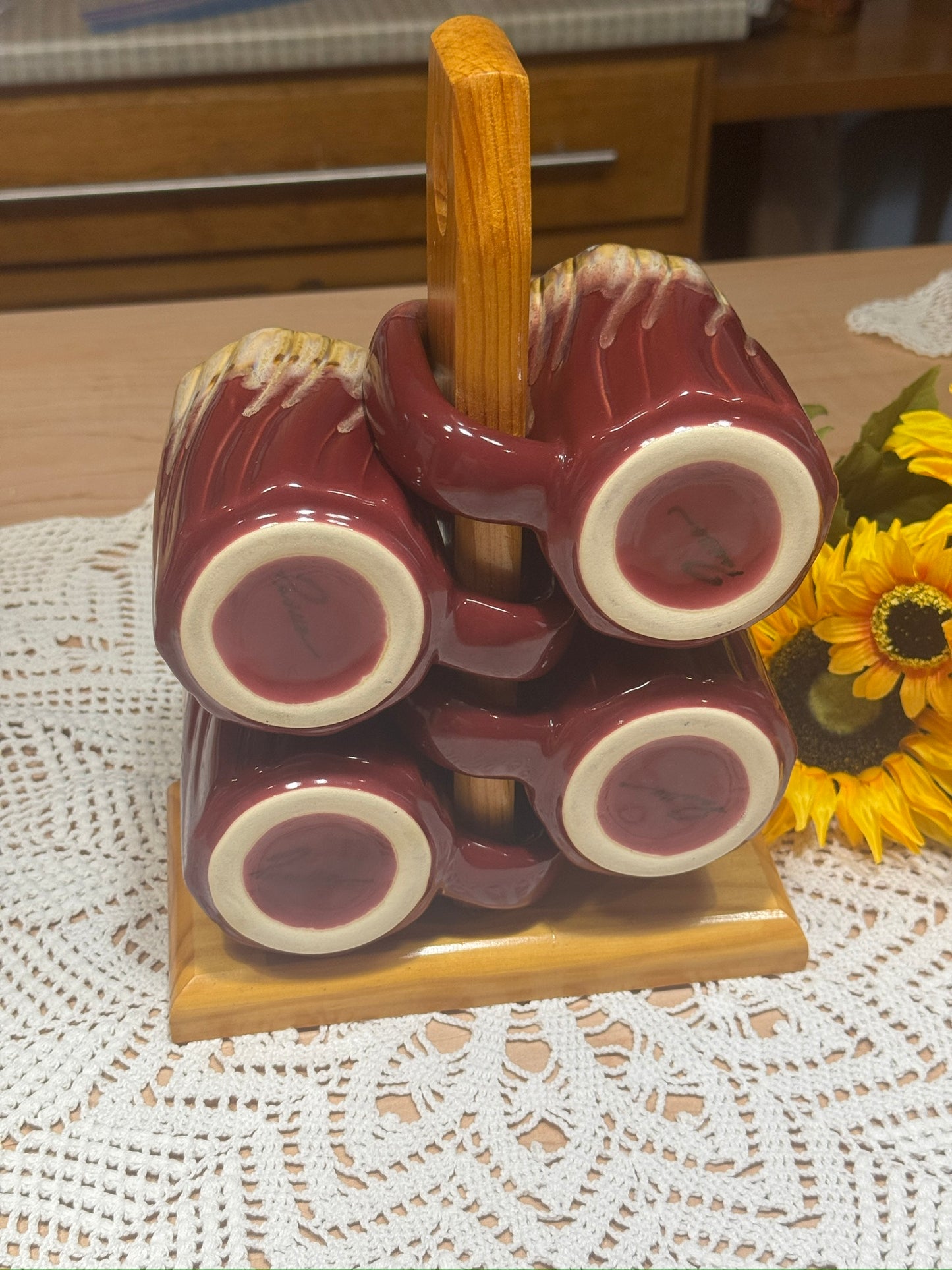 Rodolfo Padilla Stoneware Mugs With Wood Rack
