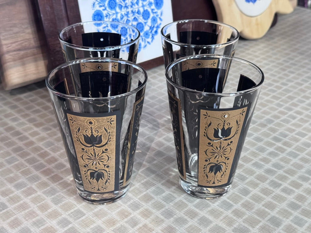 Dominion Glass Black & Gold Tulip Print Design Drinking Glasses (Set of 4)