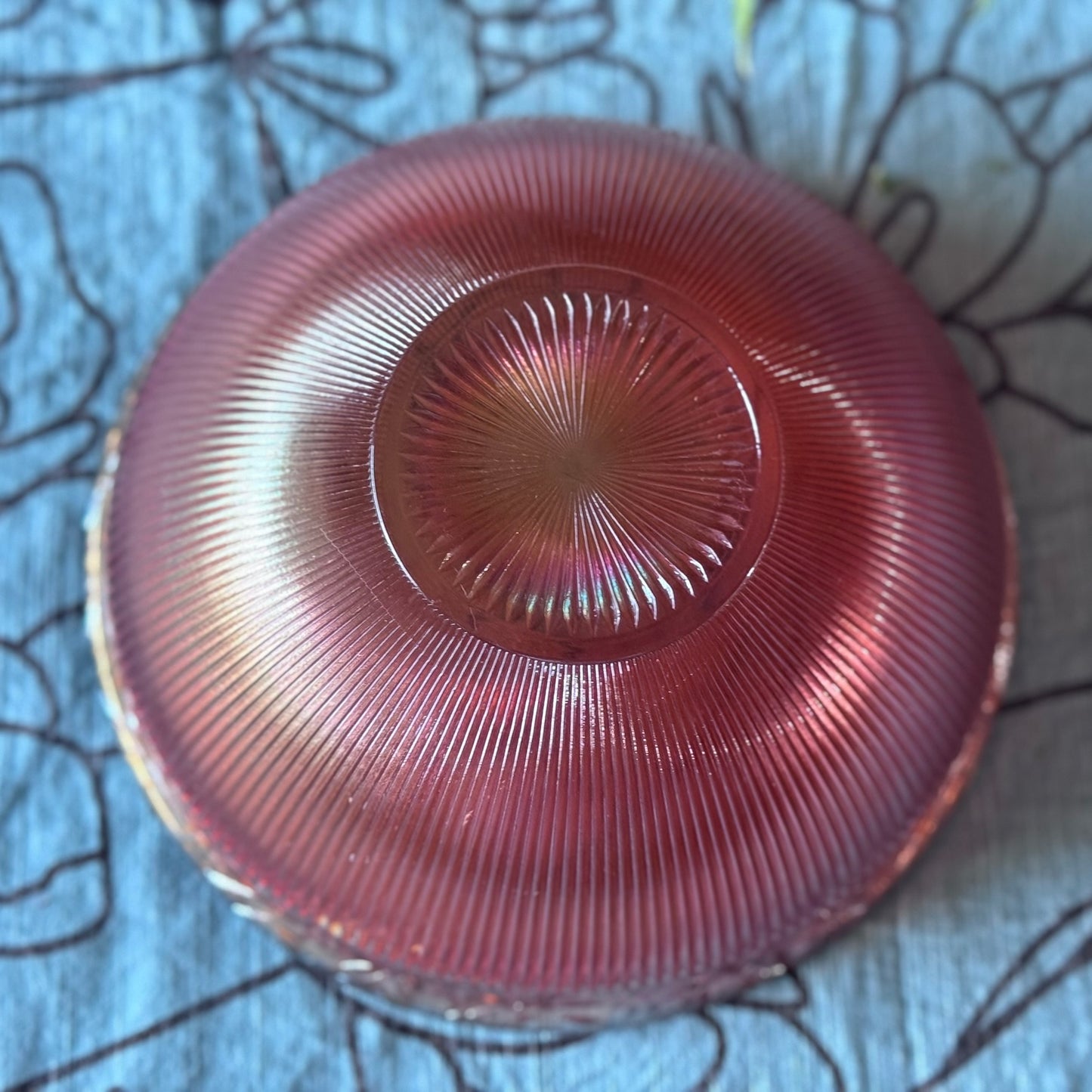 Carnival Glass Marigold/Orange Floral and Ribbed Bowl
