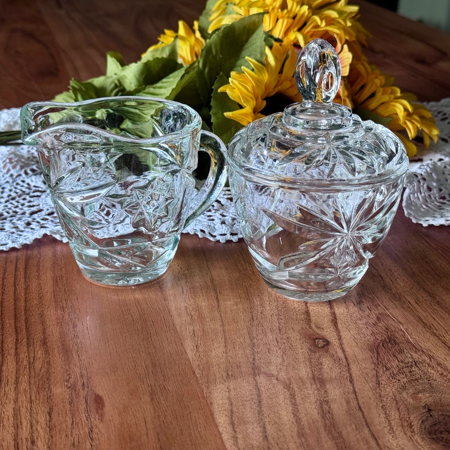 Anchor Hocking Star of David Cut Glass Creamer and Covered Sugar Set