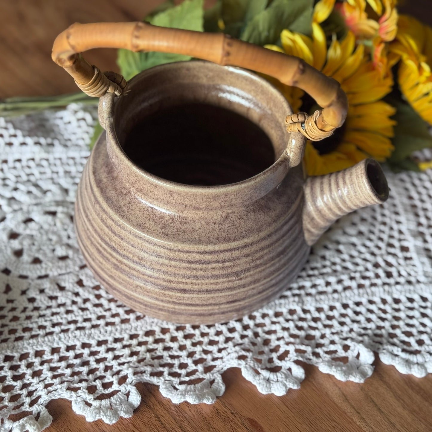 Brown Glazed Pottery & Bamboo Teapot