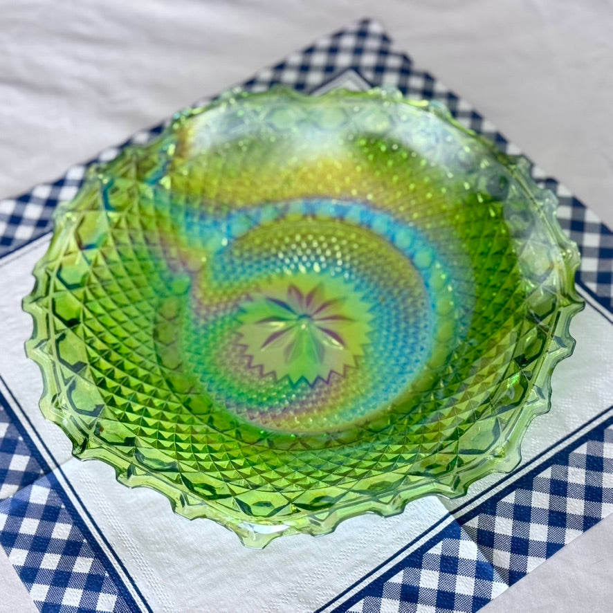 Green Indiana/Carnival Glass Ruffled Plate