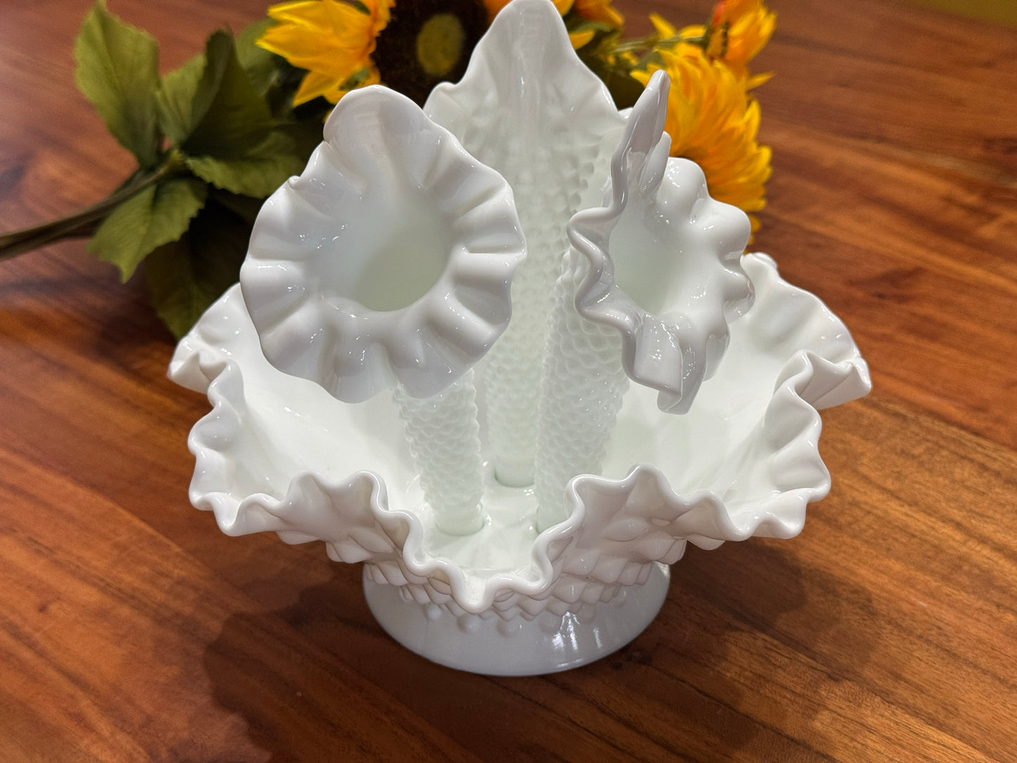 Fenton Hobnail Milk Glass Epergne Ruffled Bowl with Three Horns