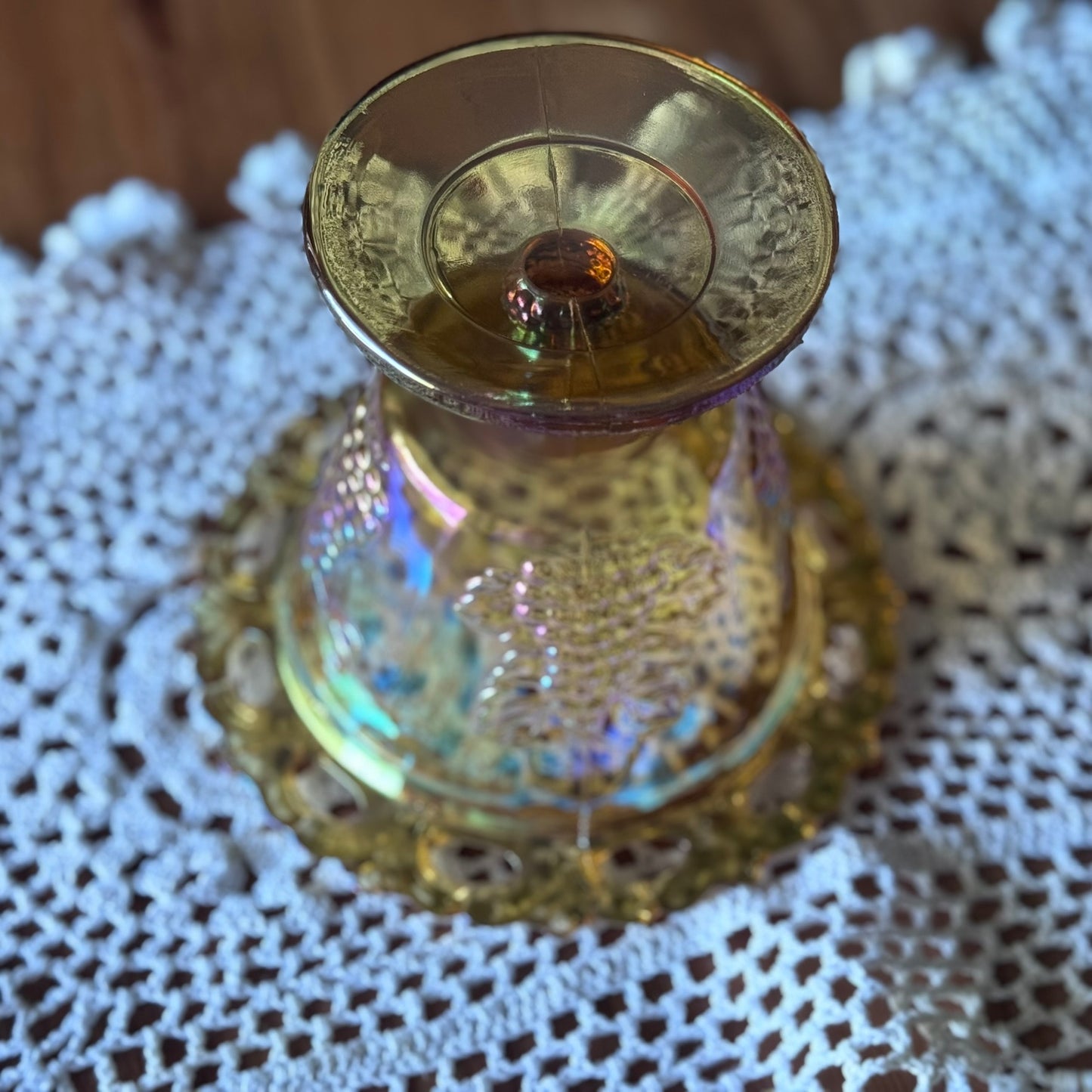 Indiana Glass Marigold Iridescent Harvest Grape Lace Edge Candy Dish/Compote