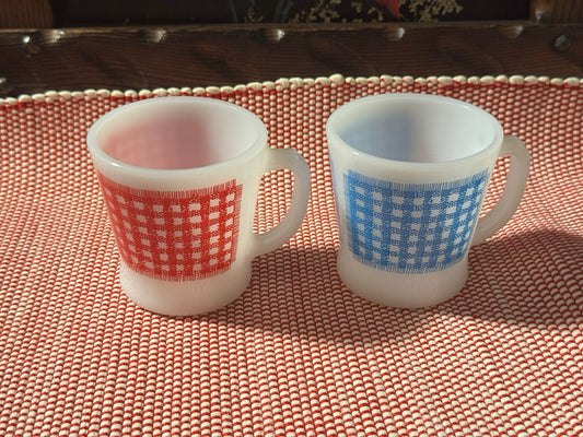 Anchor Hocking Fire-King Red/Blue Gingham Milk Glass Mugs
