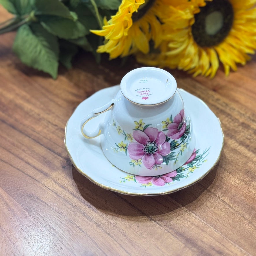 Royal Osborne Pink Anemone Floral Teacup & Saucer Set