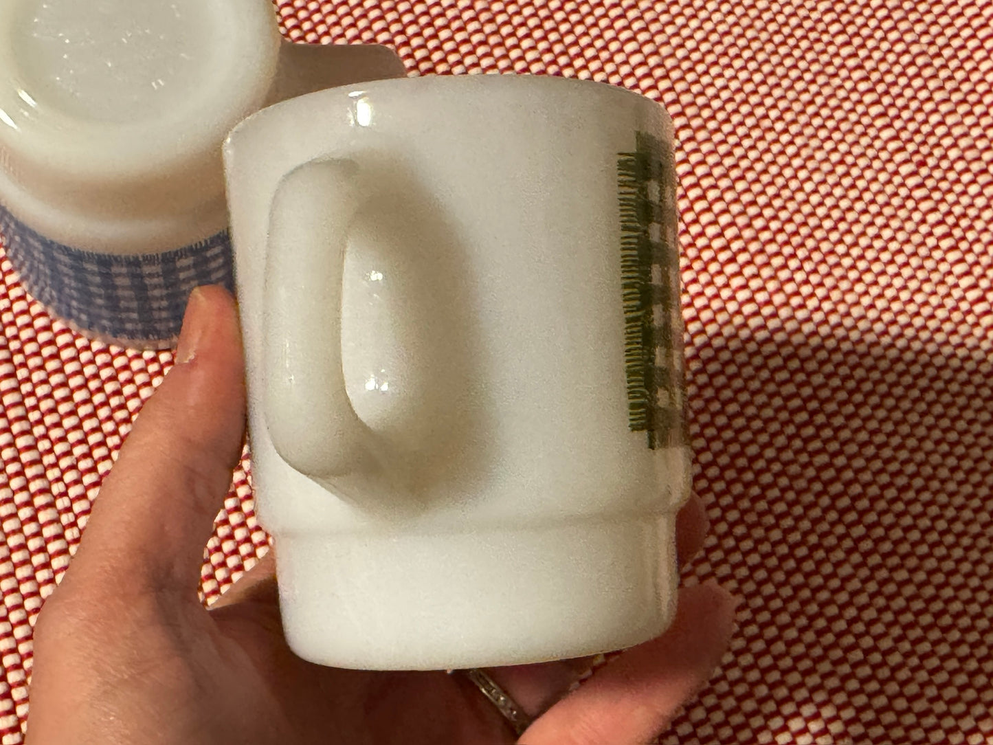 Anchor Hocking Fire-King Stackable Gingham Milk Glass Mugs