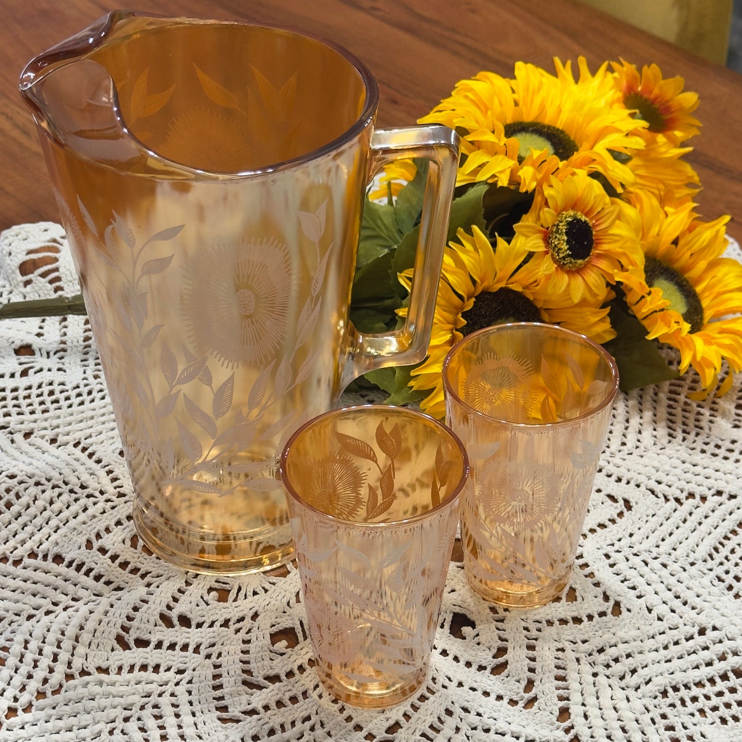 Jeannette Marigold Carnival Glass Pitcher & Glasses