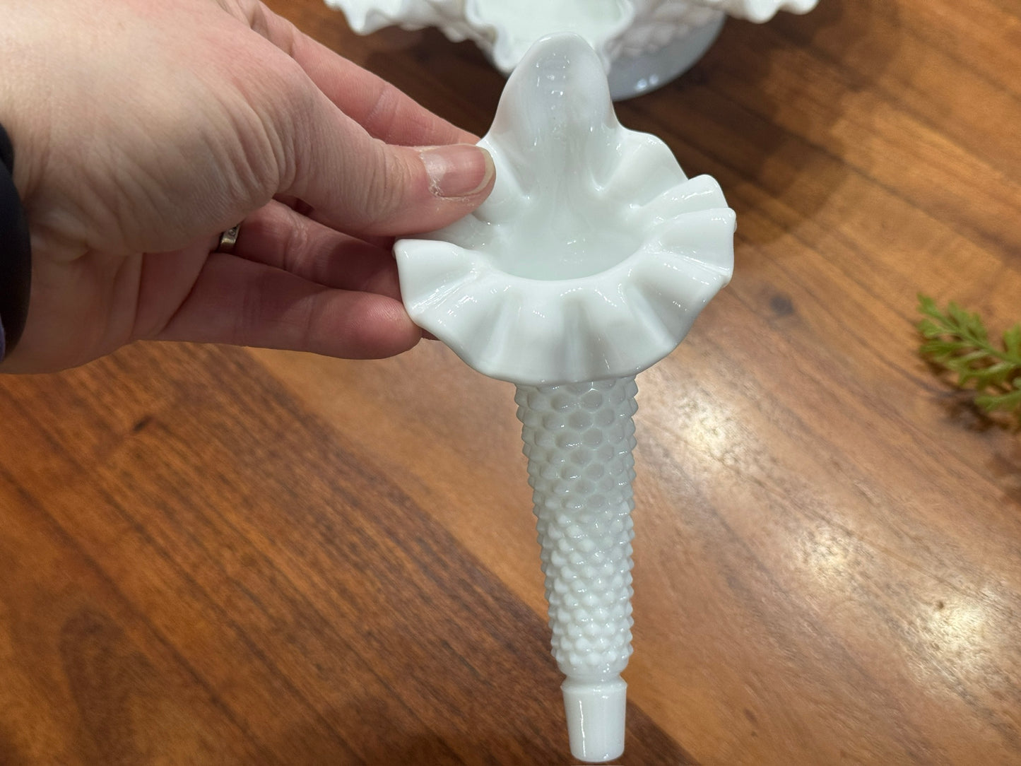 Fenton Hobnail Milk Glass Epergne Ruffled Bowl with Three Horns