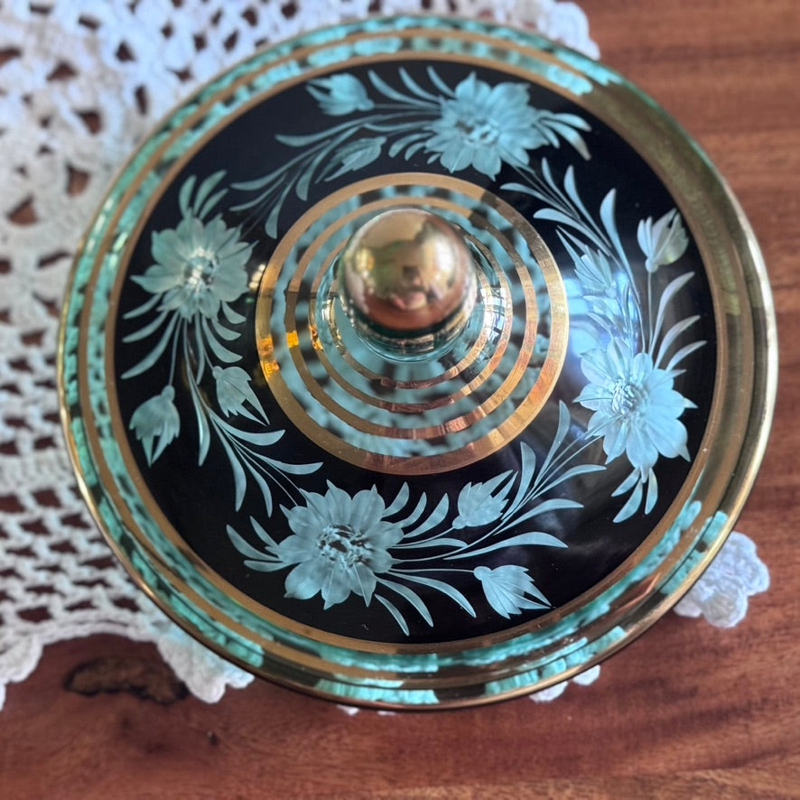 Czech Bohemian Lidded Glass Cut Footed Bowl