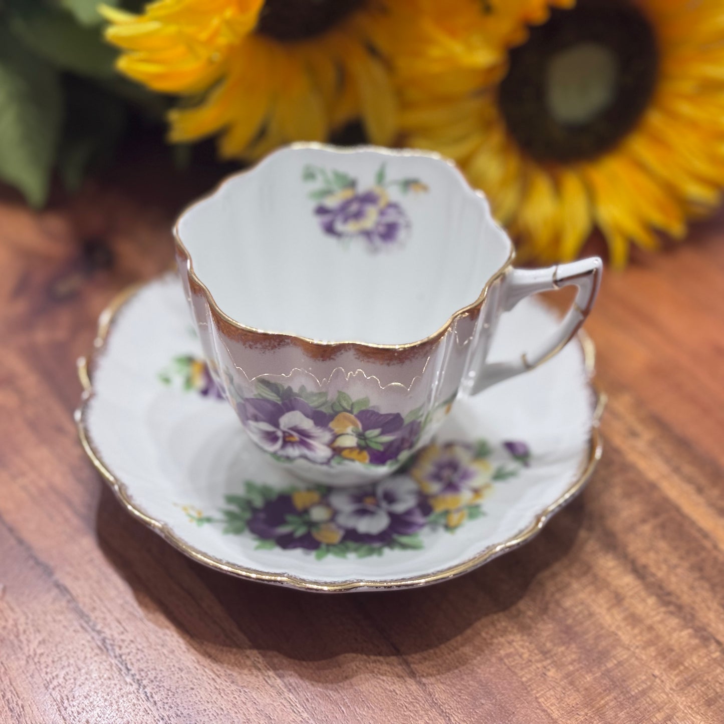 Victoria C & E Bone China Purple Pansy Teacup & Saucer Set