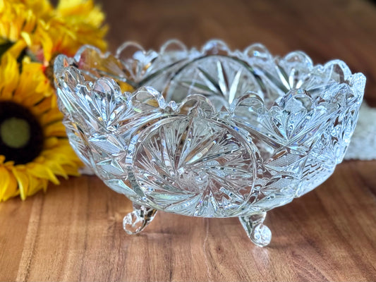 Hand Cut Footed Oval Pinwheel Lead Crystal Bowl