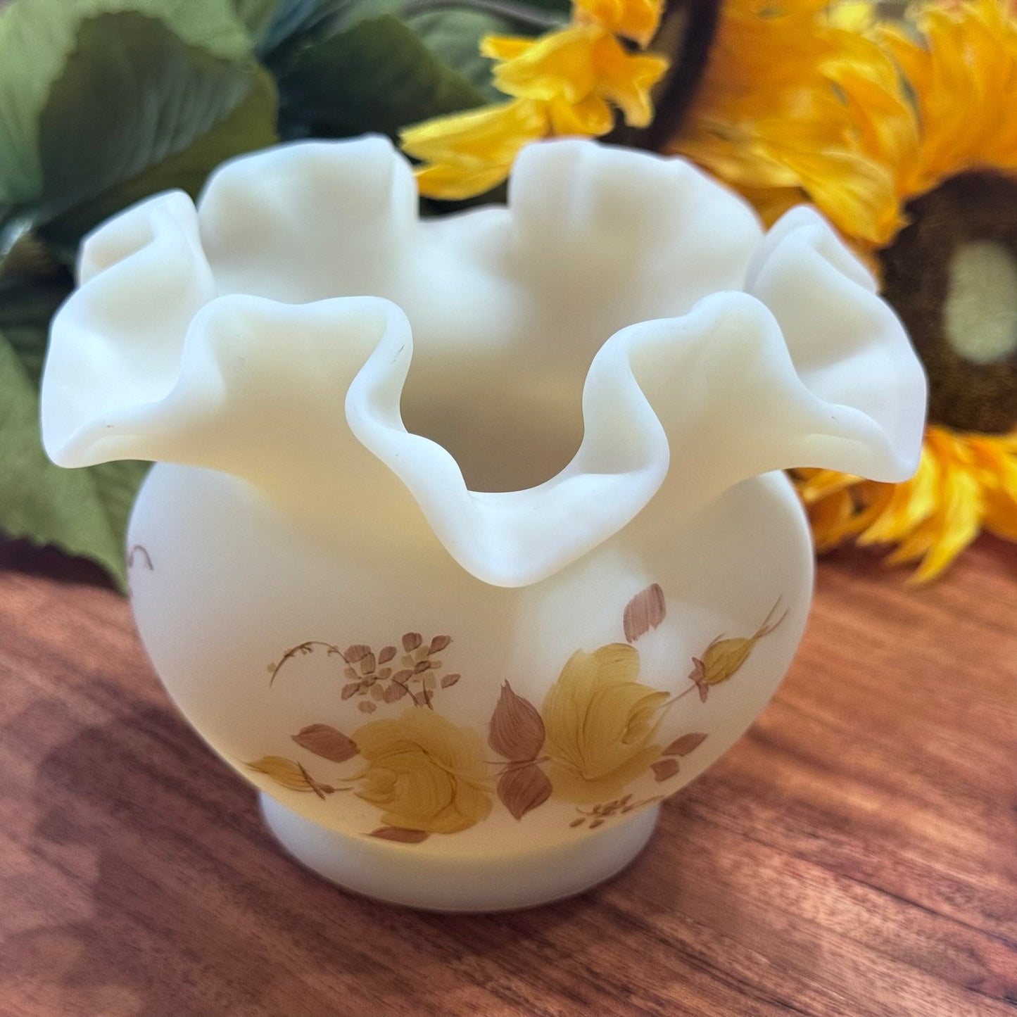 Fenton Hand Painted Custard Glass Bowl Vase
