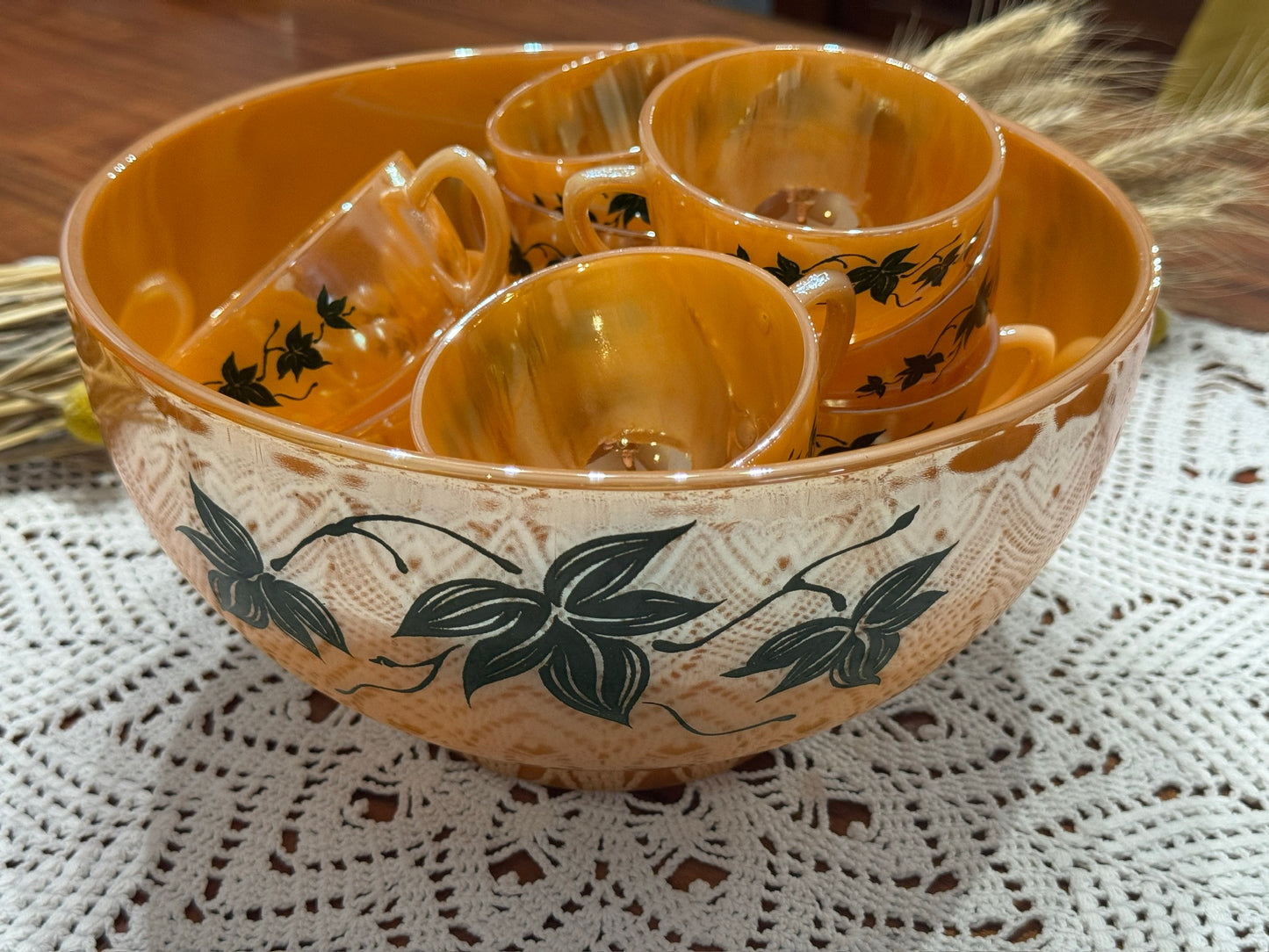 Anchor Hocking Fire-King Peach Luster 'Green Ivy' Punch Bowl Set