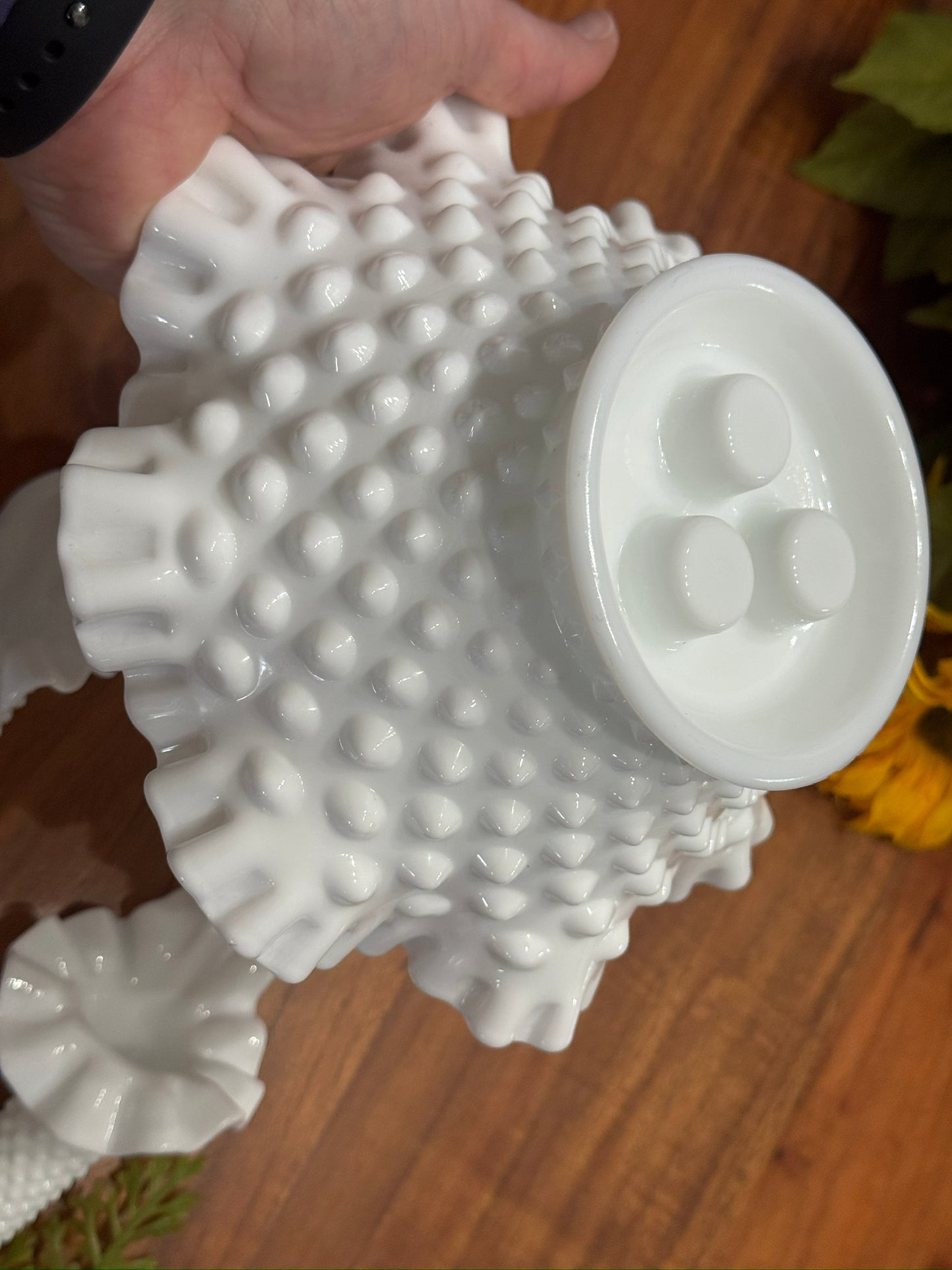 Fenton Hobnail Milk Glass Epergne Ruffled Bowl with Three Horns
