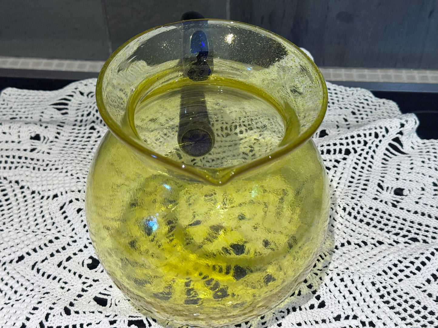 Large Art Glass Yellow & Blue Pitcher