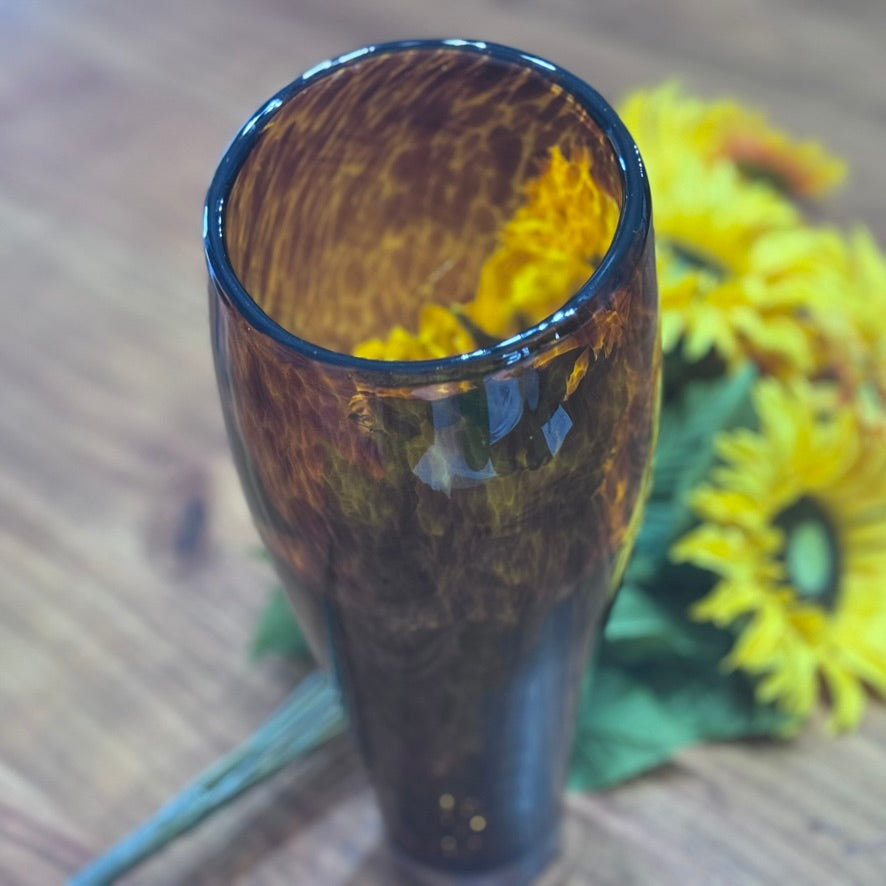 Leopard Print Brown/Amber Blown Art Glass Vase