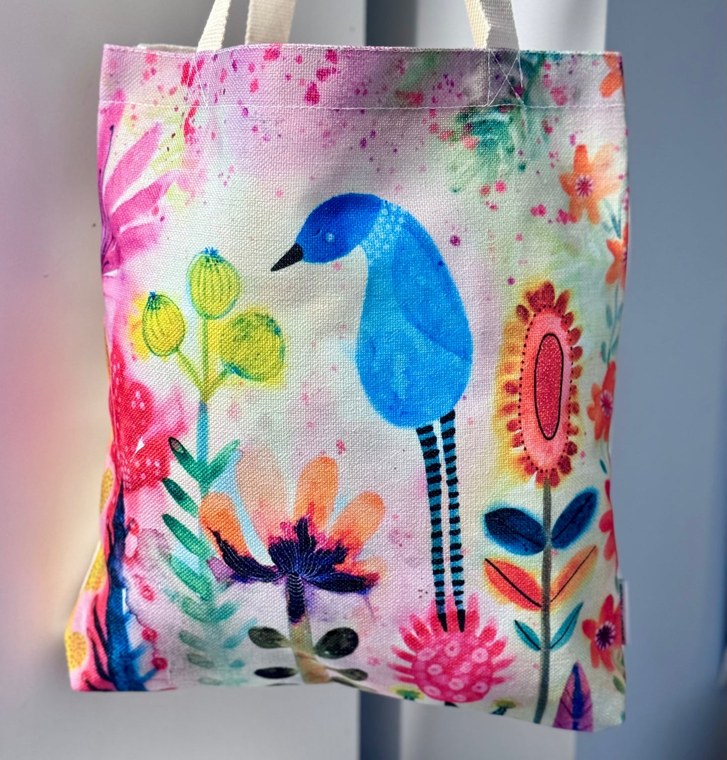 Long Legged Blue Bird and Floral Tote Bag
